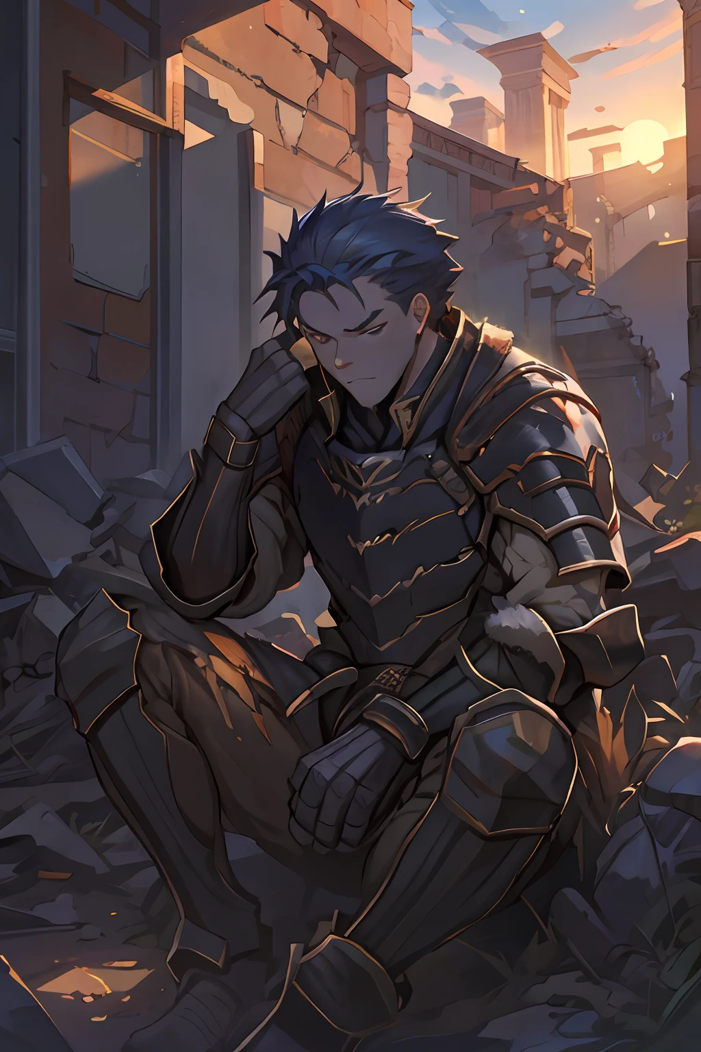 Draw a young armored warrior(Man),Sitting on the ruins of the battlefield。He was wiping his lightsaber,It is surrounded by ruins。Dramatic illuminations from the setting sun illuminate the scene,A deep shadow was cast on the combat uniform and armor。The young man looks sad and vicissitudes,Look at the dilapidated and dim ruins with determination and determination,Short hair,Warrior shots,