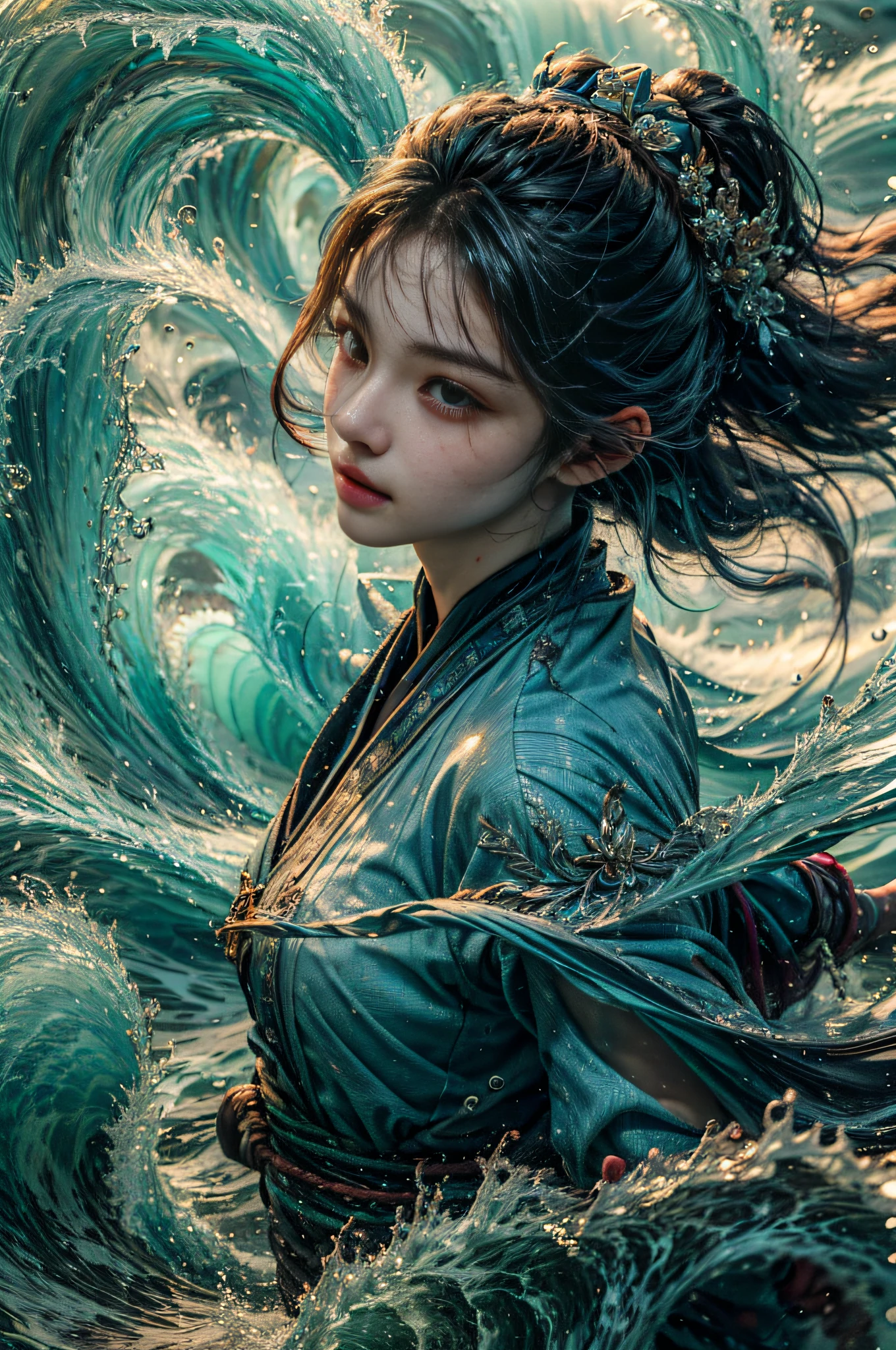 Best quality,masterpiece,ultra high res,1girl,beautiful_face,detailed skin, yushui,water,waves,.