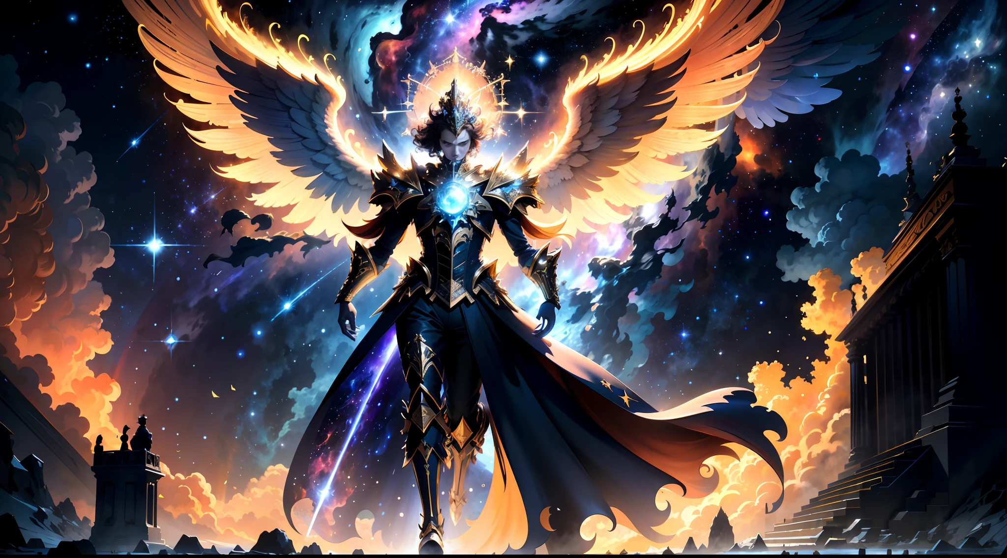 （tmasterpiece）， （best qualtiy：1.4）， absurderes， [：intricately details：0.2]， The silhouette of a giant angel，  galactic，starrysky，Huge nebula， Strong focus，extreme light， Mysterious symbol， sparkling motes，