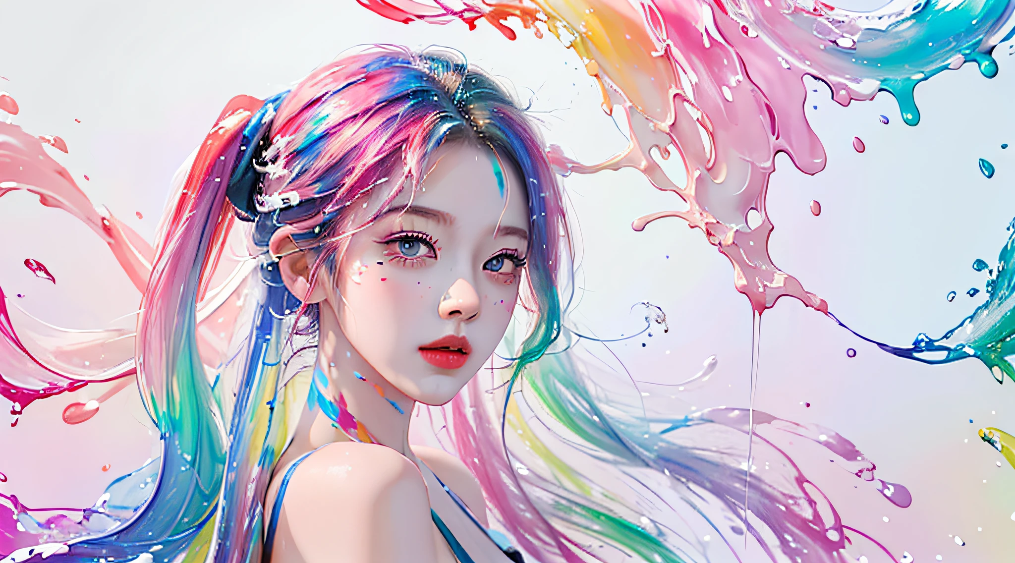 (Masterpiece, Best Quality, High Resolution), White Background, ((Paint Splash, Color Splash, Splash of Ink, Color Splash)), Sweet Chinese Girl, Rainbow Hair, Pink Lips, Front, Upper Body