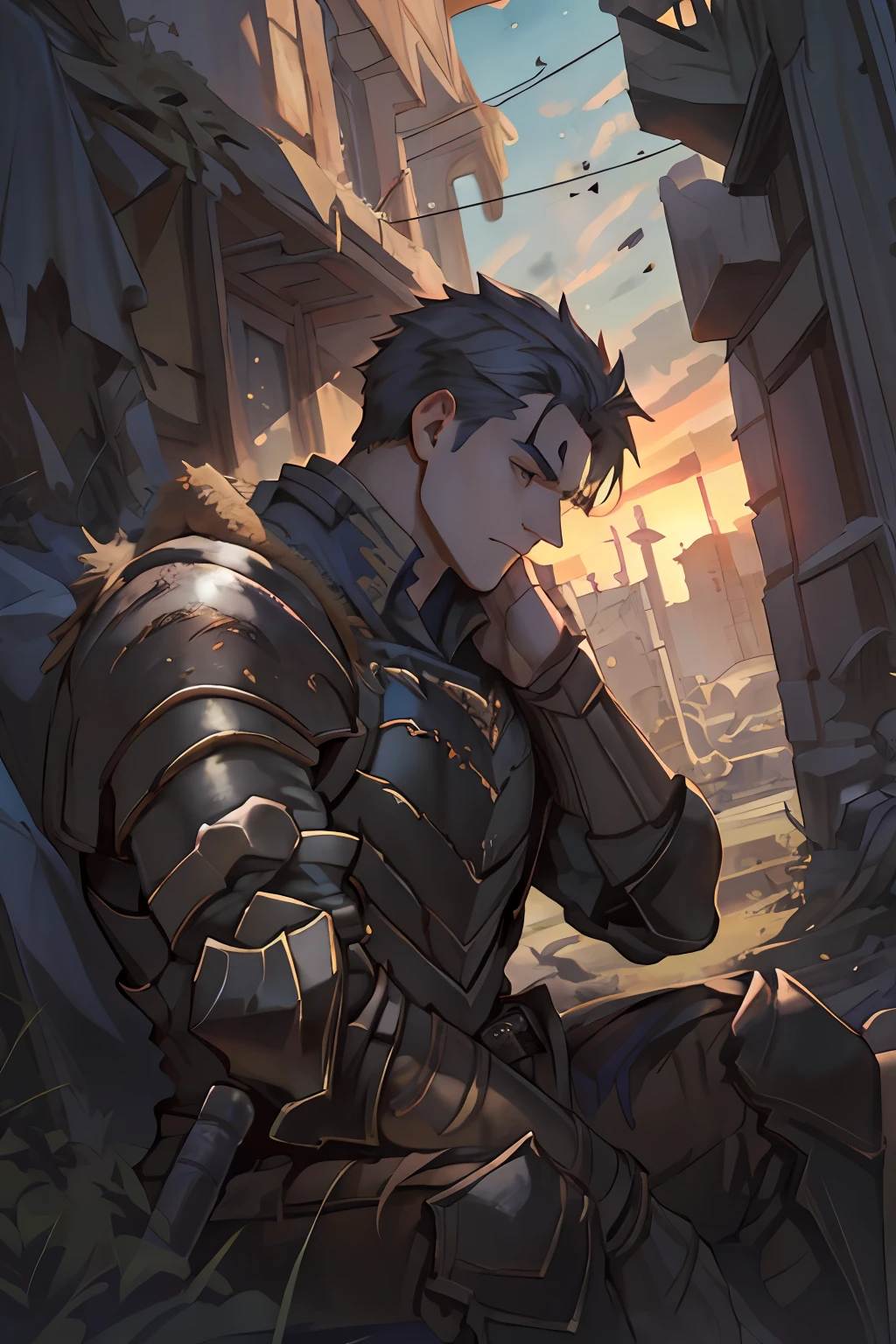 Draw a young armored warrior（Man），Sitting on the ruins of the battlefield。He was wiping his lightsaber，It is surrounded by ruins。Dramatic illuminations from the setting sun illuminate the scene，A deep shadow was cast on the combat uniform and armor。The young man looks sad and vicissitudes，Look at the dilapidated and dim ruins with determination and determination，Short hair，Warrior shots，