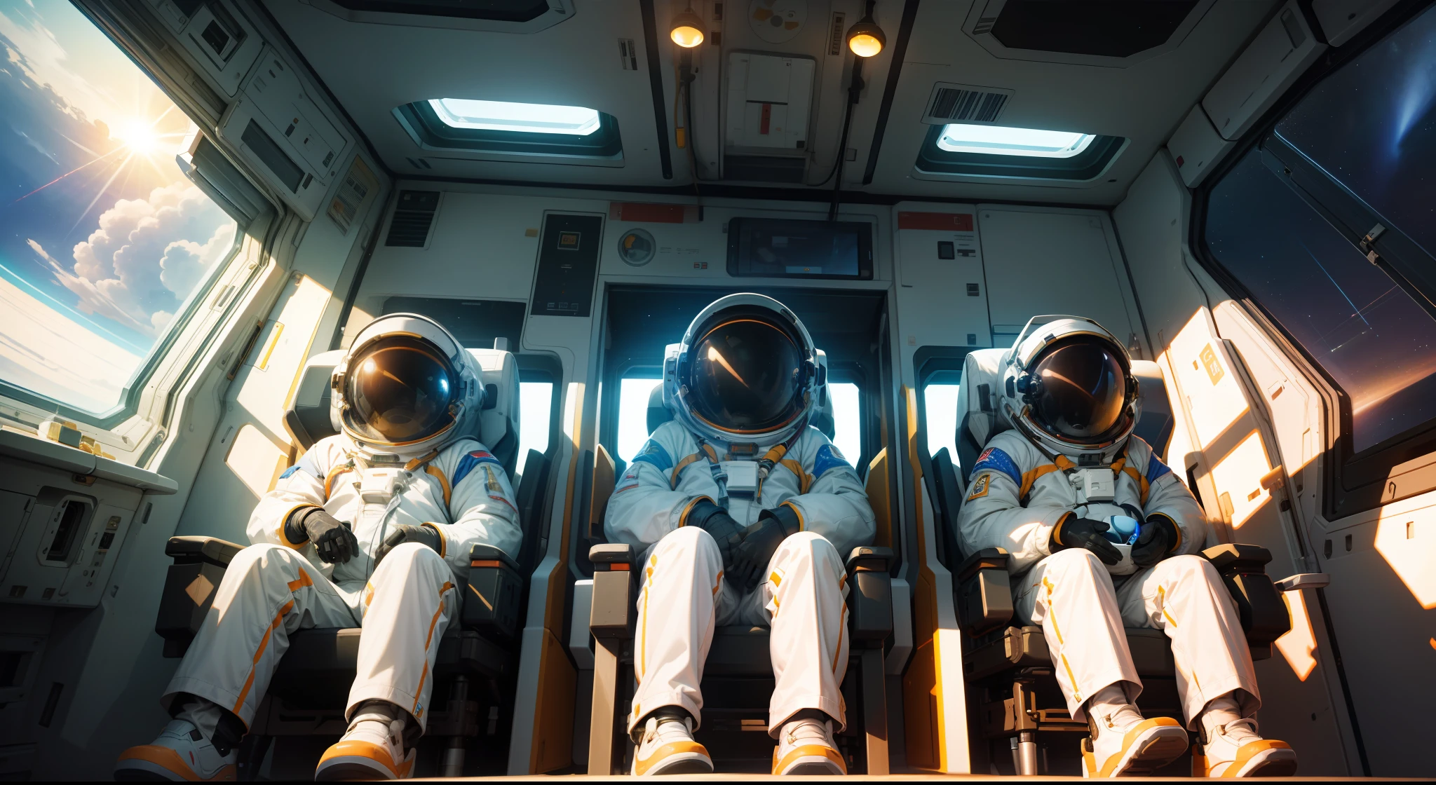 The astronaut sits in his seat,Look out the window。In space,The sun is slowly setting。Strong sense of picture,There is a futuristic style。Astronauts are flying into space,In the brilliant starry sky。high-definition photography、Circular viewfinder lens,High picture clarity。
