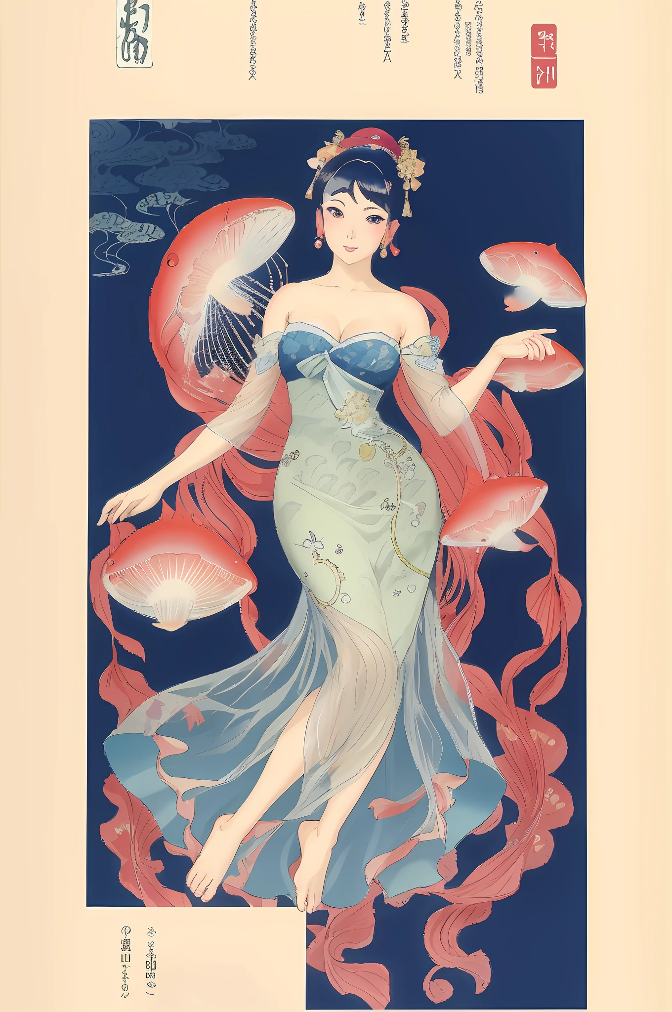 goldfish woman, with a beautiful dress, full body,ukiyoe style,beautiful hands and legs,beautiful face
