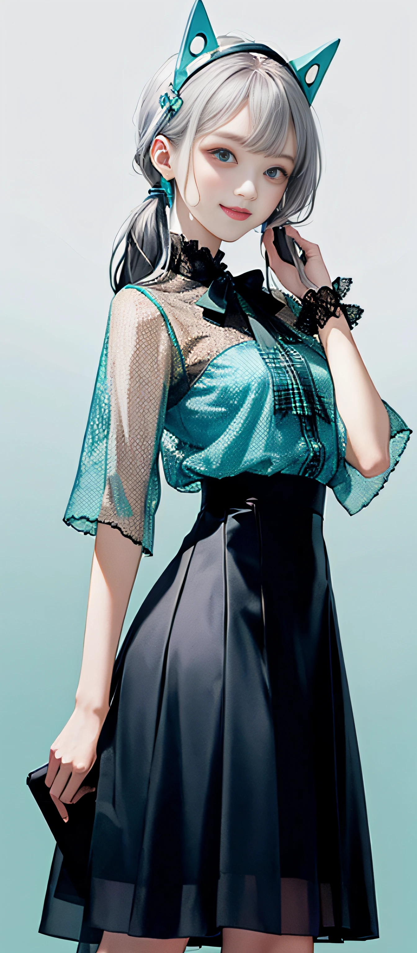 Twin tails, happy face, square neck, 1girl, (masterpiece:1.1), (white see-through-blouse:1.1) (best quality:1.1), (plaid skirt:1.1), high-waisted long skirt, BREAK [blue:pink:0.5] theme, (gradient background: 1.1 ), cowboy shot, break silver hair, long hair,, green eyes, delicate headgear