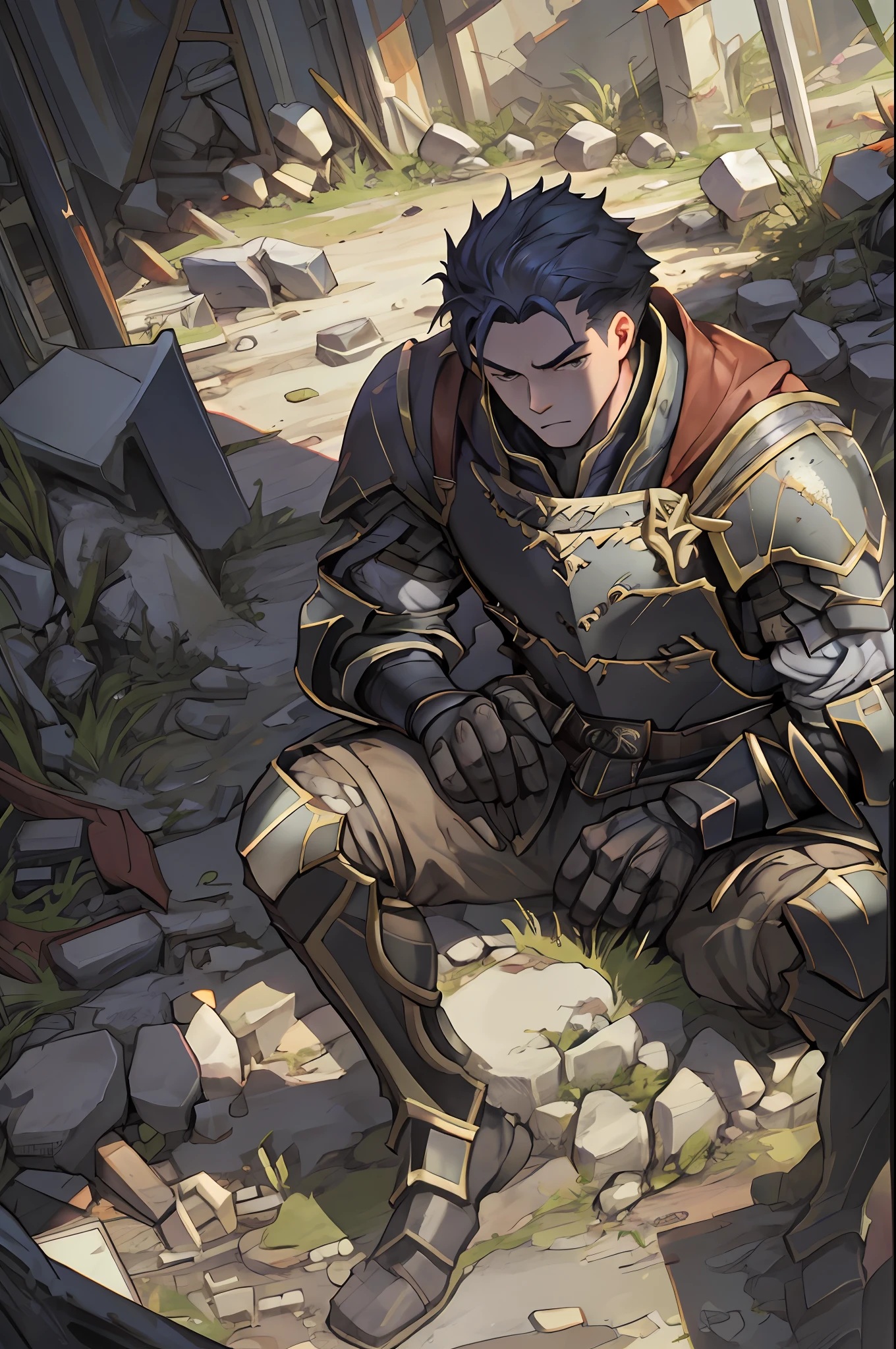 Draw a young armored warrior（Man），Sitting on the ruins of the battlefield。He was wiping his lightsaber，It is surrounded by ruins。Dramatic illuminations from the setting sun illuminate the scene，A deep shadow was cast on the combat uniform and armor。The young man looks sad and vicissitudes，Look at the dilapidated and dim ruins with determination and determination，Short hair，Warrior shots，