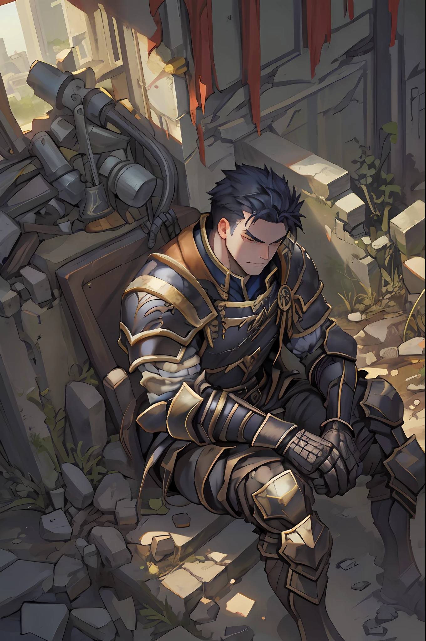 Draw a young armored warrior(Man),Sitting on the ruins of the battlefield。He was wiping his lightsaber,It is surrounded by ruins。Dramatic illuminations from the setting sun illuminate the scene,A deep shadow was cast on the combat uniform and armor。The young man looks sad and vicissitudes,Look at the dilapidated and dim ruins with determination and determination,Short hair,Warrior shots,