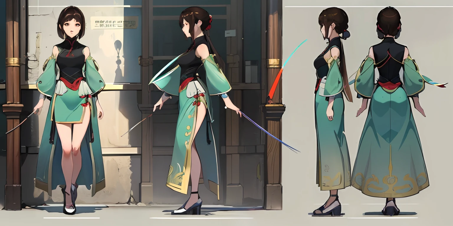 Masterpiece, Best Quality, (Very Detailed CG Unit 4k Wallpaper), (Best Quality), (Best Illustration), (Sharp Face), (Best Shadow), (((Character Sheet))), Concept Art, (Full Body, Masterpiece: 1.2), (Best Quality: 1.3), 1 person, A beautiful girl in cheongsam, Insecure pose, Brunette hair, Standing