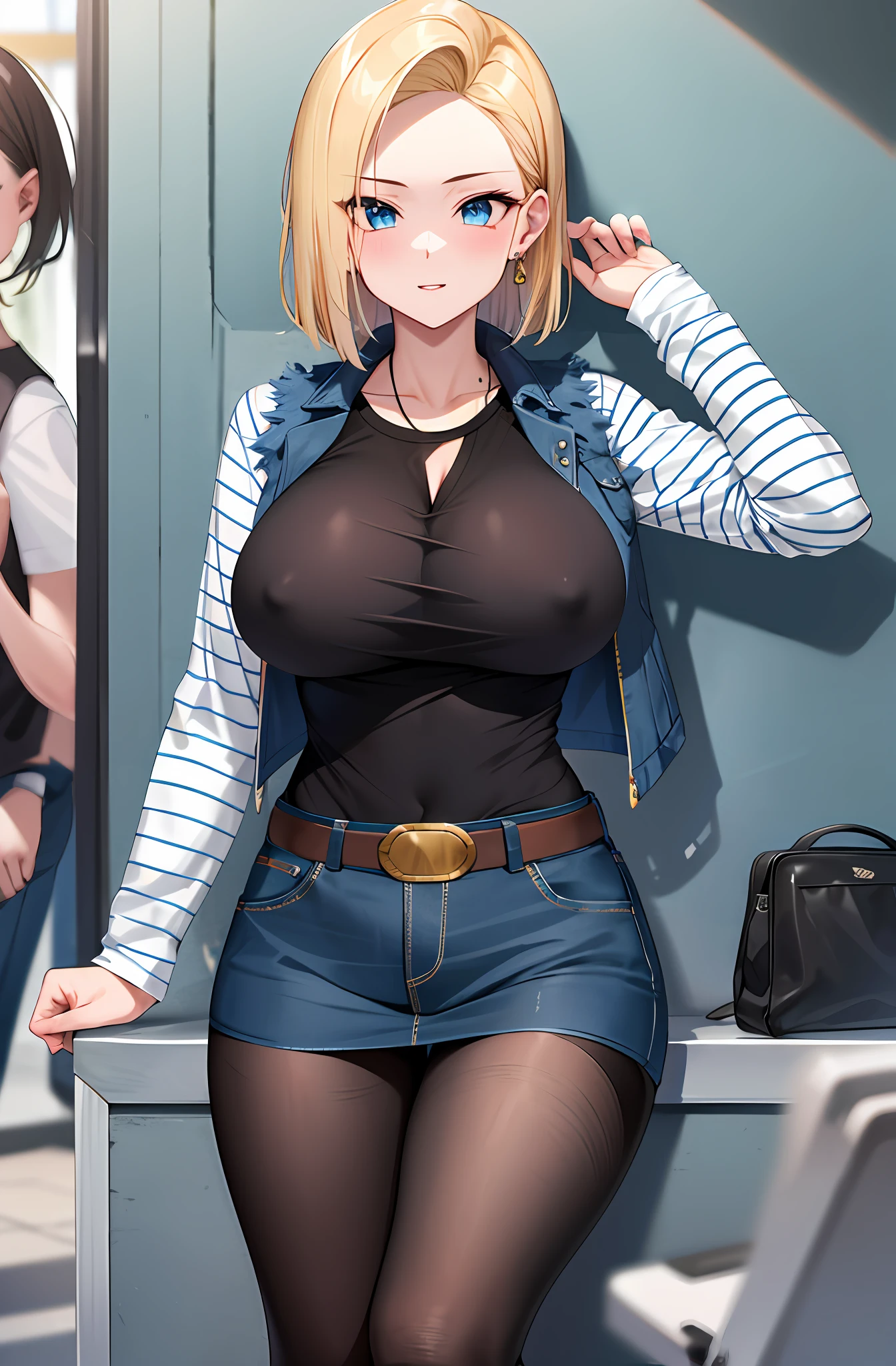 Best quality at best, A high resolution, and 18, 1girll, Android 18, 独奏, blond hairbl, eBlue eyes, short detailed hair, 耳Nipple Ring, jewely, denim vest, Open the vest, black pantyhoses, Black shirt, Denim skirt, Striped long sleeves, blue skirts,big cleavage breasts, cowboy lens, the street,(((((Open legs: 1.8))(((Erection of : 1.4))