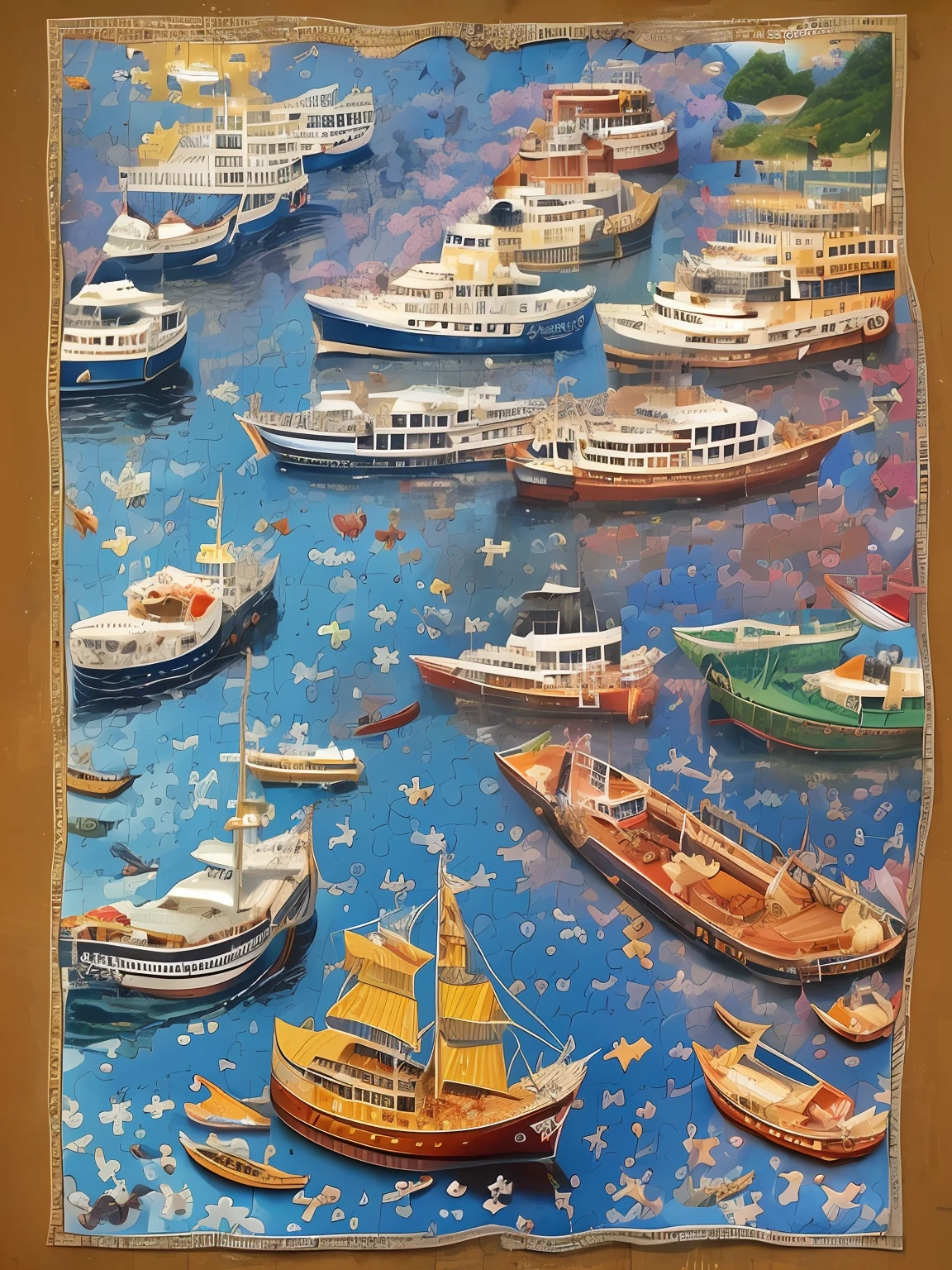 Close-up of the puzzle with pictures of boats and various animals, Jigsaw puzzles, Puzzle art, puzzle, Winmebild puzzle book, hides, Puzzling, author:Tom Wenerstrand, On the ocean, author:Jay Hambić, Awesome, Deep sea pictures, very wow, 256x256
