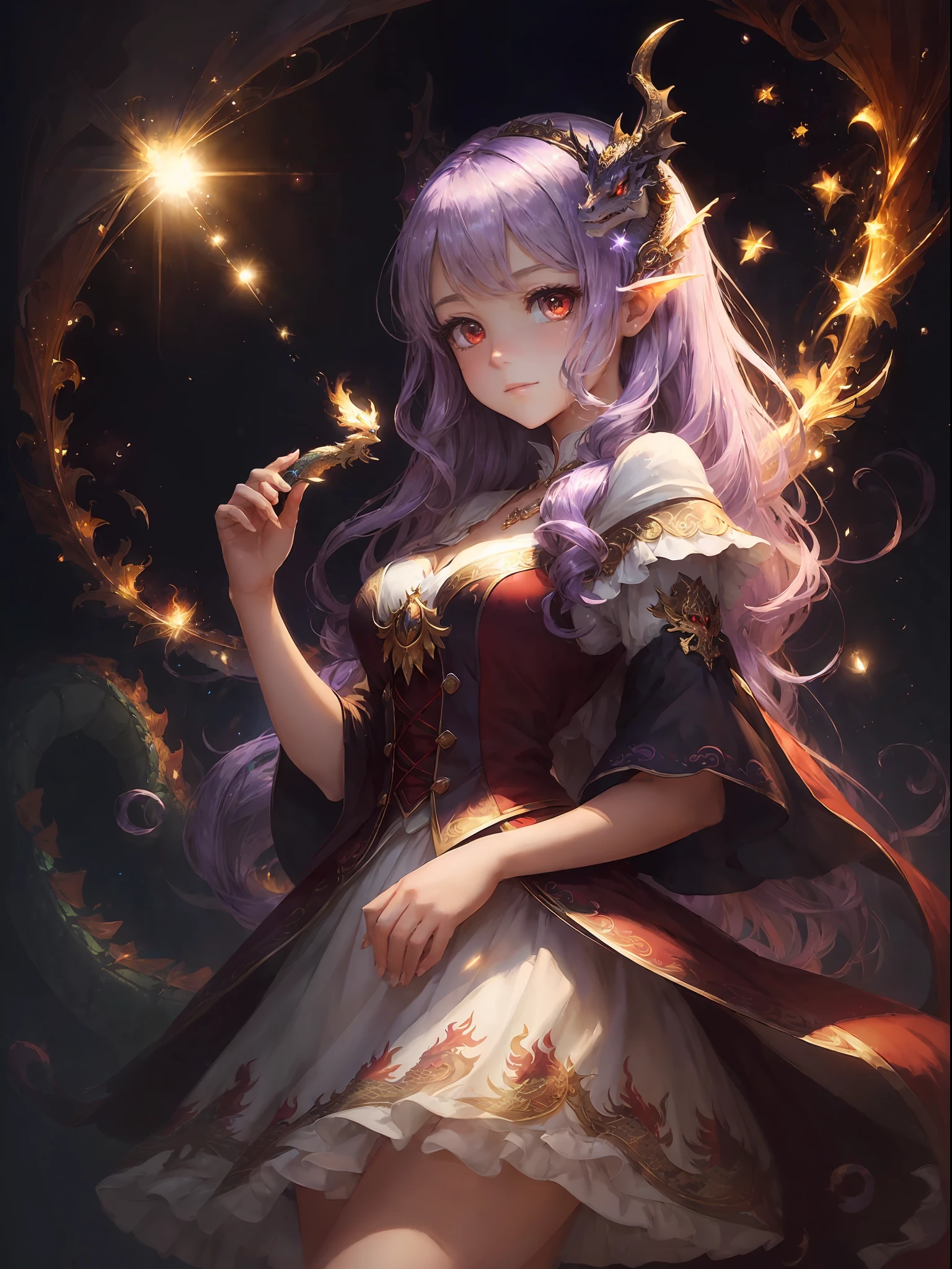 (picture quality is high:1.2,The painting style is exquisite:1.3,gorgeous dragon:1.2,Red eyes:1.1,teens girl,glittery,Purple hair big breasts:1.2,The face is delicate,2D Beautiful Girl,adolable,whiteskirt:1.1,the witch,Full of light) --auto