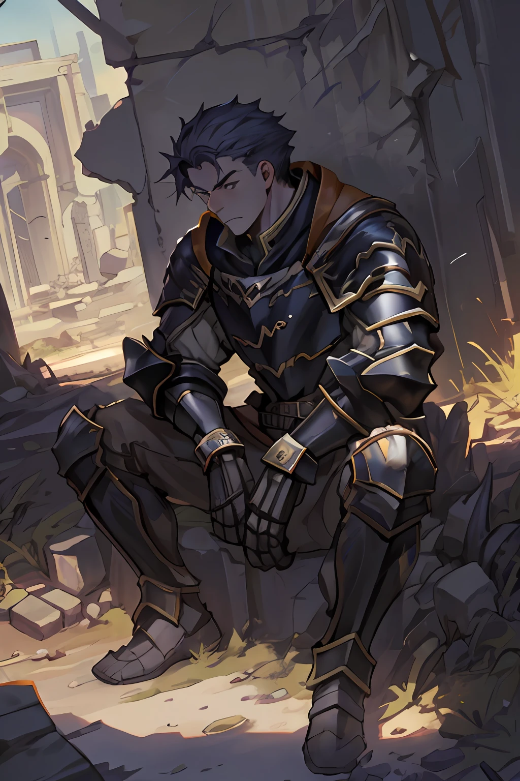 Draw a young armored warrior(Man),Sitting on the ruins of the battlefield。He was wiping his lightsaber,It is surrounded by ruins。Dramatic illuminations from the setting sun illuminate the scene,A deep shadow was cast on the combat uniform and armor。The young man looks sad and vicissitudes,Look at the dilapidated and dim ruins with determination and determination,Short hair,Warrior shots,