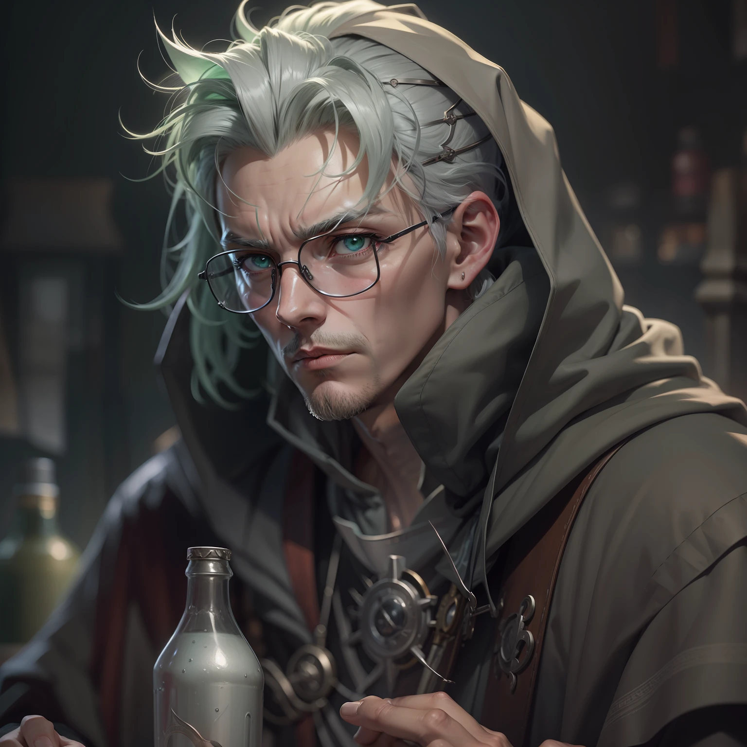 Robot-like gray-haired male alchemist, The calm underneath is full of aggression。, Wearing medieval alchemist robes, With a monocle, The eye color is one green and one green, grey hair, asymmetrical hair, coke-bottle glasses, hood up, head wreath, mismatched pupils, covering ears, thinking, pensive, lonely, determined, disdain, high detail, anime, chiaroscuro, cinematic lighting, character chart, reference sheet, UHD, masterpiece, ccurate, textured skin, high details, best quality, highres