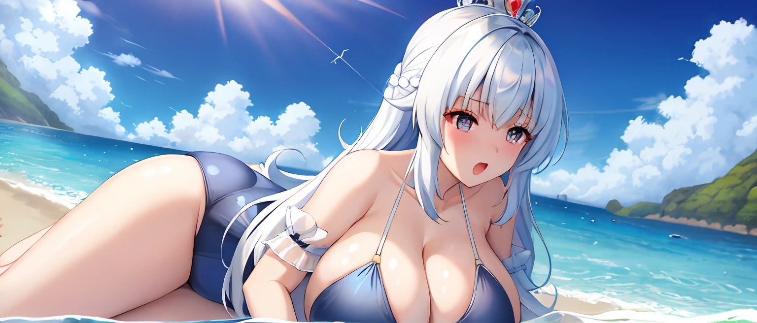 Translucent swimsuit，gigantic cleavage breasts，climaxing，Royal Sister，perspire，long whitr hair，White pupils，