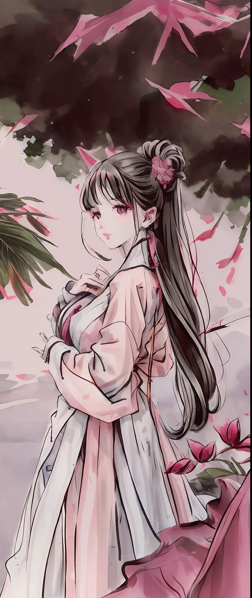 ((4k,masterpiece,best quality)), shuimobysim, traditional chinese ink painting, lotus, hanfu, maxiskit, dress conservatively
ray tracing, vibrant colors, woman, sharp focus, depth of field, cinematic lighting, perfect eyes, rich in details and textures, glaring, long hair, pink hair, twin tail, pink eyes, pink outfit, landscape, sunset, pink sky, town,