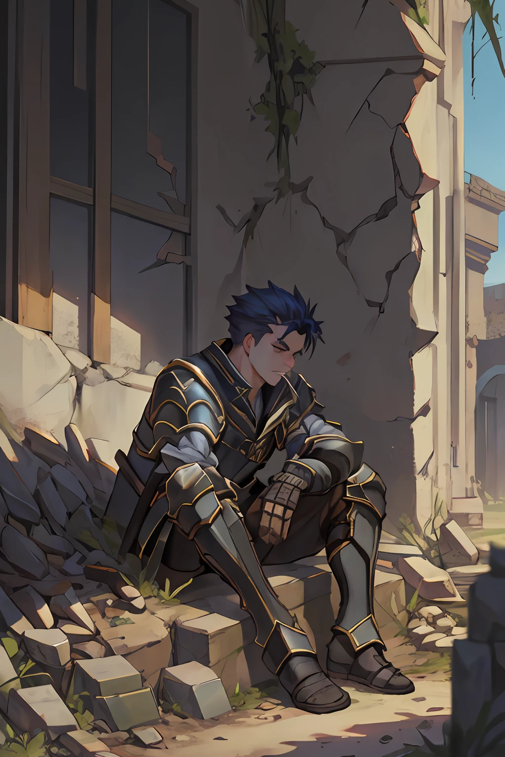 Draw a young armored warrior（Man），Sitting on the ruins of the battlefield。He was wiping his lightsaber，It is surrounded by ruins。Dramatic illuminations from the setting sun illuminate the scene，A deep shadow was cast on the combat uniform and armor。The young man looks sad and vicissitudes，Look at the dilapidated and dim ruins with determination and determination，Short hair，Warrior shots，