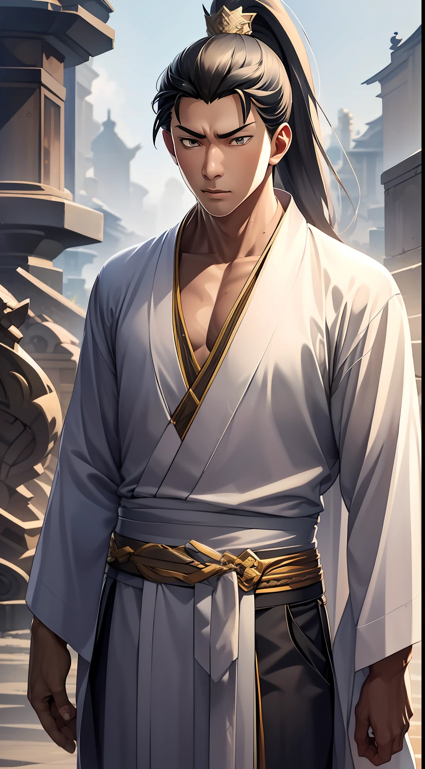 quadratic element,style of anime,mtu(Male Warrior),The proportions are correct,Face details,swordsmen,High ponytail hairstyle,Neck details,There is an Adam's apple,Golden Hanfu,kaftan,Embroidered robes,Golden robes,clothes details,Handing over,longer sleeves,Game quality,Swordsmanship,Light and shadow tracking,Ray traching,detailed glow,cg render,hair detail,cabellos largos dorados,Golden eyes,Handsome,Handsome,(juvenile sense),Clothing is complicated,Perfectcomposition,Refinement,high qulity,higher details,Lots of details,The background is complex,a sense of atmosphere,
