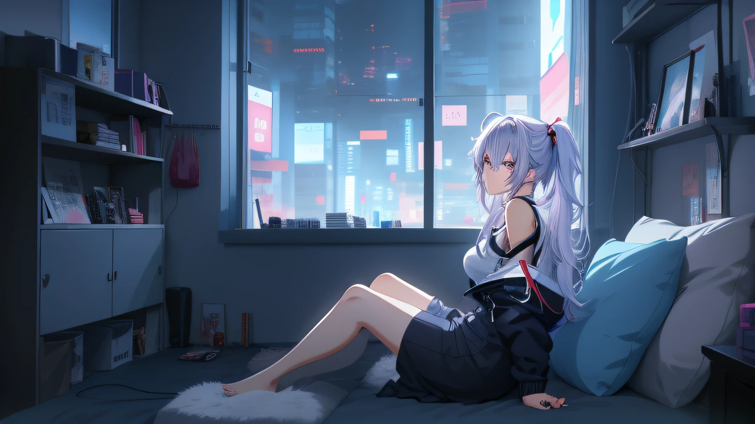 Anime girl sitting on bed in dark room with window, Best anime 4k konachan wallpaper, Anime art wallpaper 8 K, Anime art wallpaper 4 K, Anime art wallpaper 4k, 4K anime wallpaper, Digital cyberpunk anime art, Anime wallpaper 4 k, Anime wallpaper 4K, style of anime4 K, Guweiz in Pixiv ArtStation