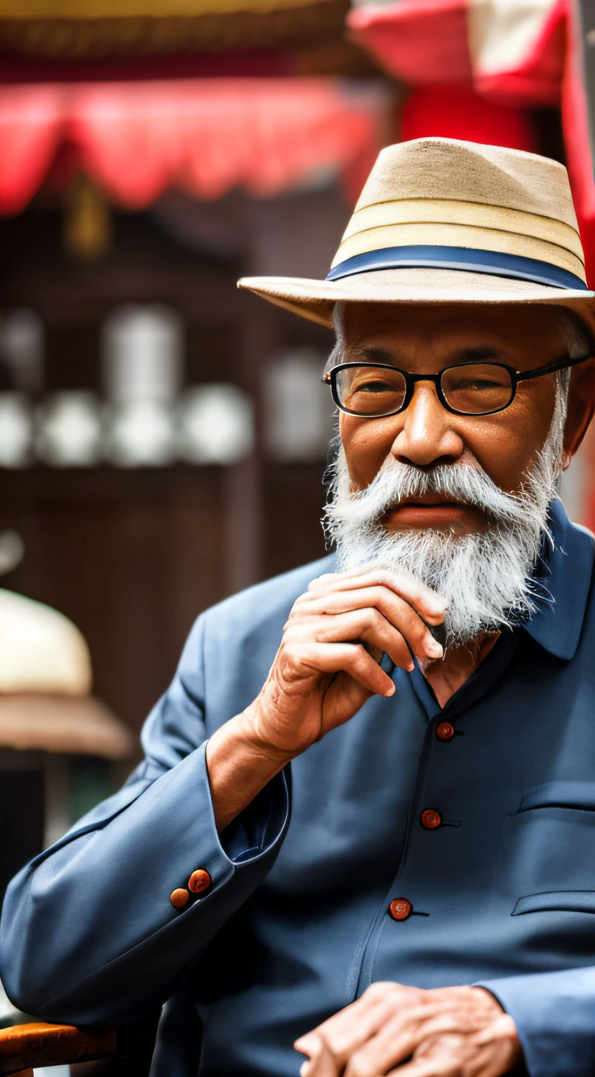 Portrait of an old man in China，With a hat，Wear glasses，sit on chair，Looks knowledgeable，Long beard，com rosto detalhado， Ultra HD in 8K, Digital SLR, Soft lighting, High quality, voluminetric lighting, candid, photographed, high resolution, 4K, 8K，Colorful