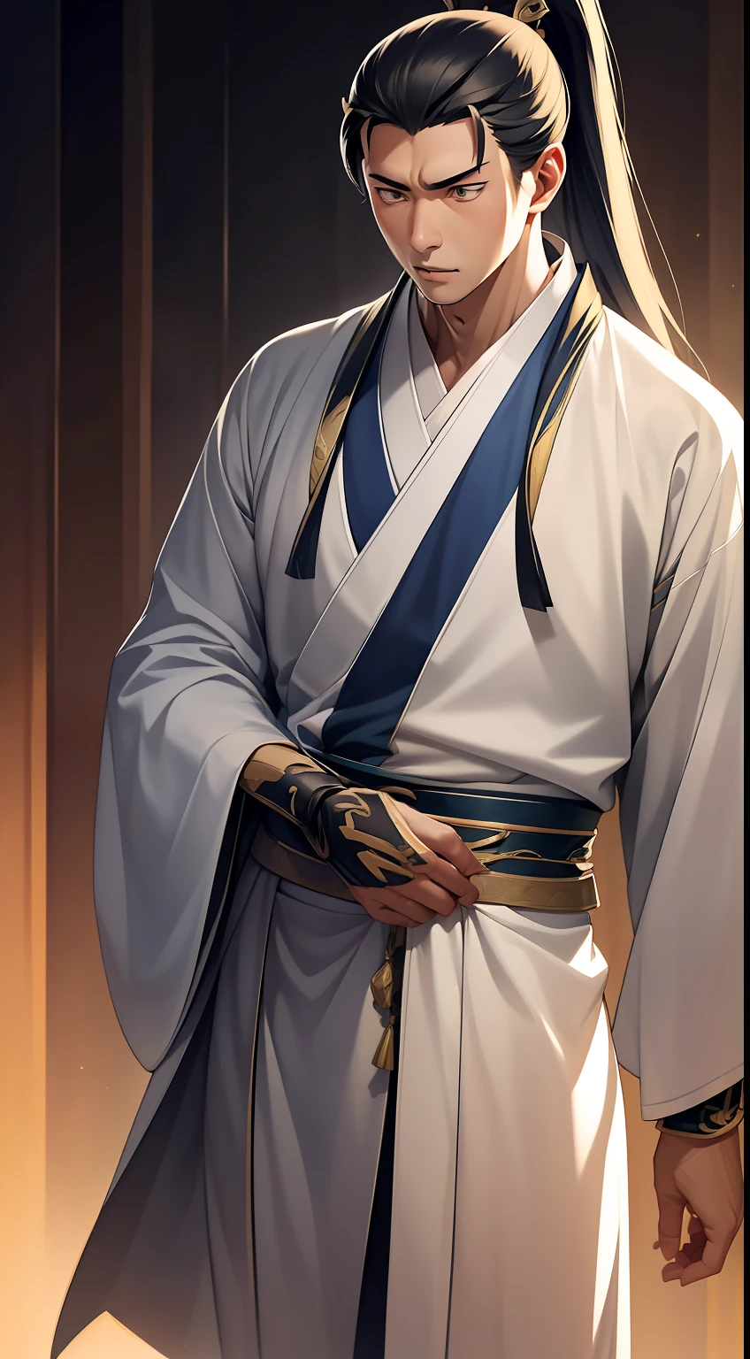 quadratic element，style of anime，mtu（Male Warrior），The proportions are correct，Face details，swordsmen，High ponytail hairstyle，Neck details，There is an Adam's apple，Golden Hanfu，kaftan，Embroidered robes，Golden robes，clothes details，Handing over，longer sleeves，Game quality，Swordsmanship，Light and shadow tracking，Ray traching，detailed glow，cg render，hair detail，cabellos largos dorados，Golden eyes，Handsome，Handsome，（juvenile sense），Clothing is complicated，Perfectcomposition，Refinement，high qulity，higher details，Lots of details，The background is complex，a sense of atmosphere，