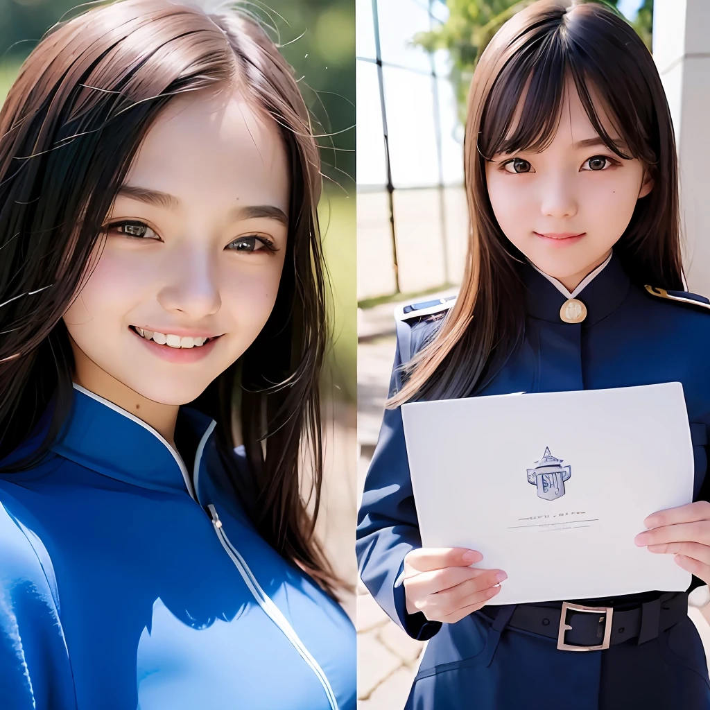 Cute teenage girl in uniform、(​masterpiece、top-quality:1.2)、超A high resolution、(Photorealsitic:1.4)、Detailed skin、lighting like a movie、friendly、intelligent、Conversational Engaging、happiness、cordial、Energetic、jolly、Created、Glowing eyes and infectious smile、motor cycle
