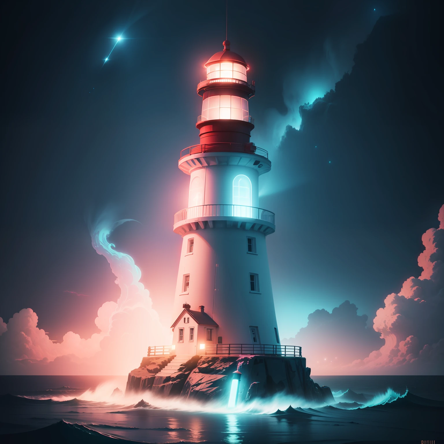 digital art of lighthouse with foghorn in fog in synthwave style, bioluminescence glow in
the dark, vector, cosmic background