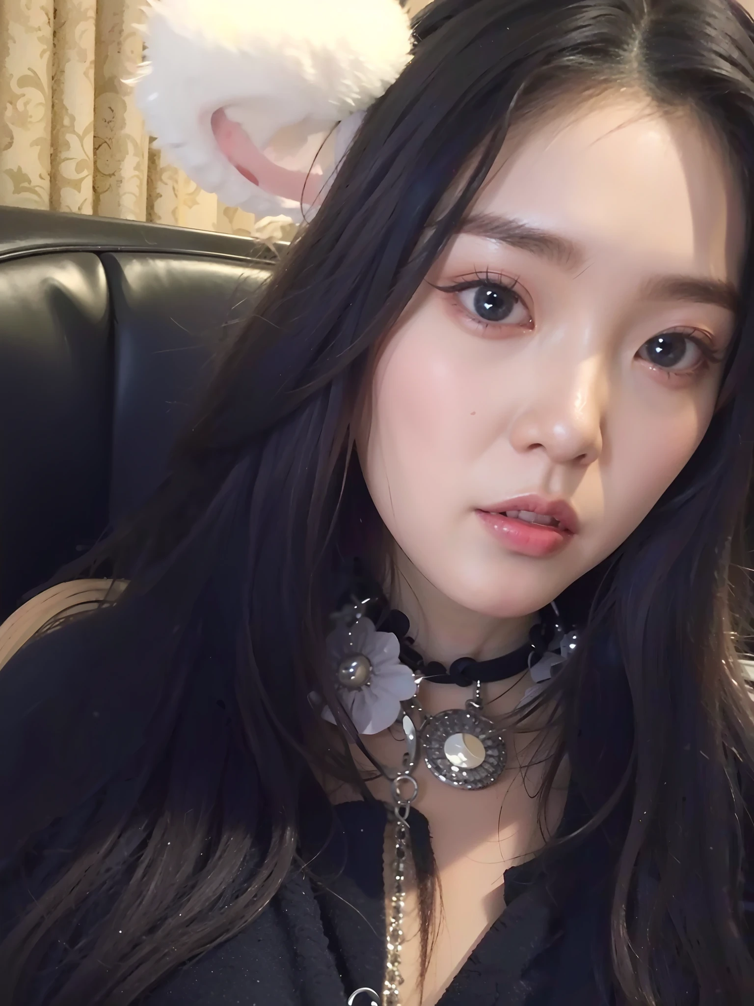 a close up of a woman with long hair wearing a choke, cruel korean goth girl, kanliu666, ulzzangs, sakimichan, Shin Jinying, Choi Hyun-hwa, jisoo from blackpink, bbwchan, wan adorable korean face, Korean girl, jisoo of blackpink, jaeyeon nam, 1 8 I whole body