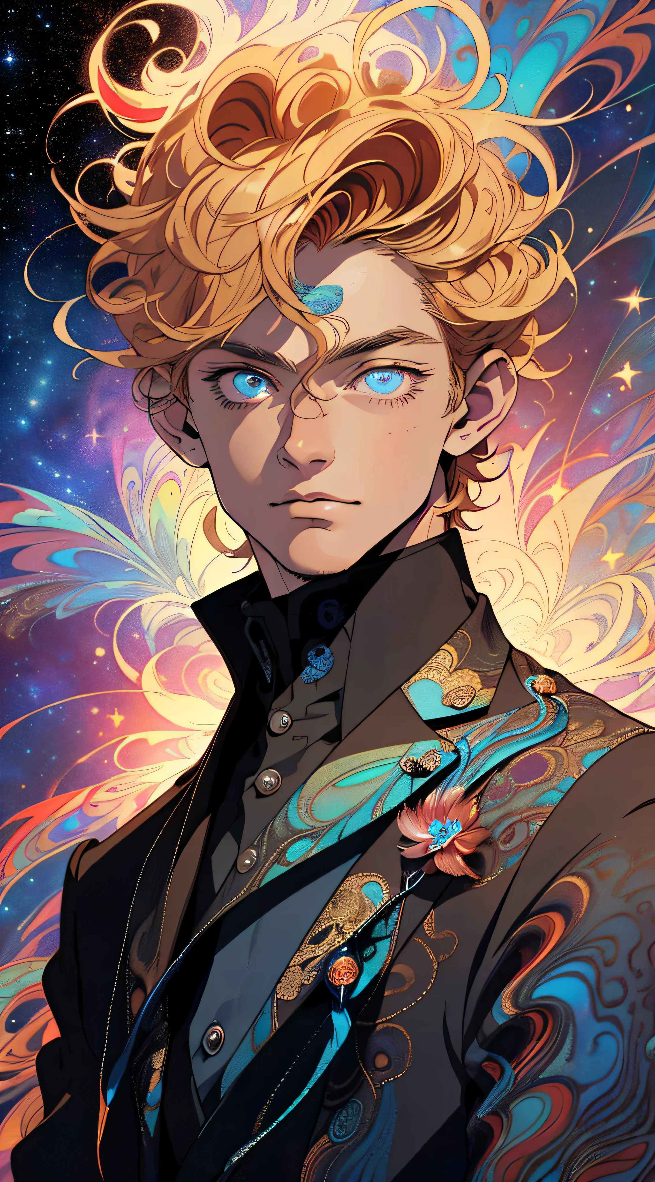 Realistic, (Masterpiece, Top Quality, Best Quality, Official Art, Beauty and Aesthetics: 1.2), Very Detailed, Fractal Art, Colorful, Most Detailed, Zentangle, (Abstract Background: 1.5) (1boy: 1.3), God, Blonde Hair, Short Hair, (Glowing Blue Eyes), Mysterious, Starry Sky, Handsome Man, (((Lycoris radiata)))