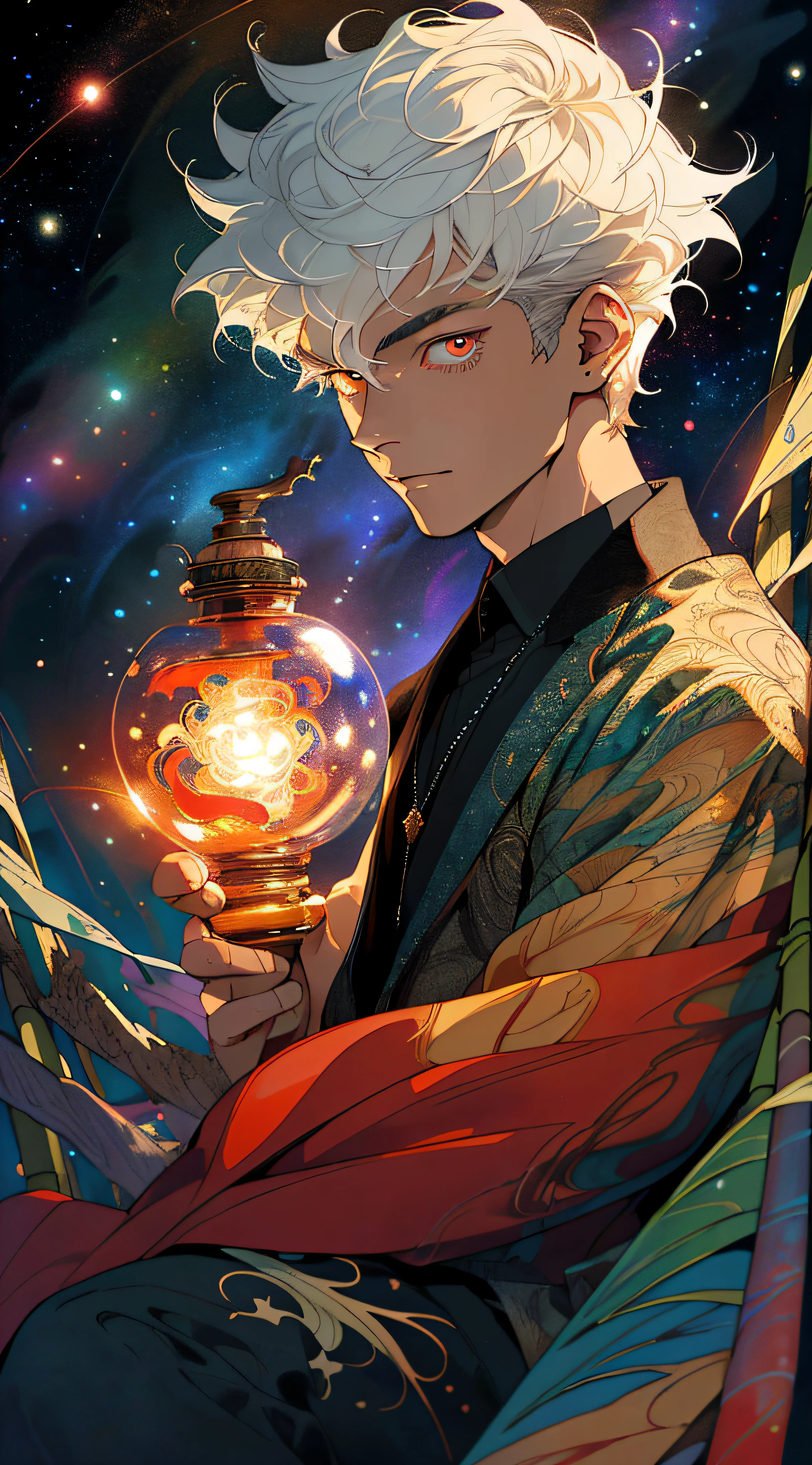 Realistic, (Masterpiece, Top Quality, Best Quality, Official Art, Beauty and Aesthetics: 1.2), Very Detailed, Fractal Art, Colorful, Most Detailed, Zentangle, (Abstract Background: 1.5) (1boy: 1.3), God, White Hair, Short Hair, (Glowing Red Eyes), Mysterious, (Magic), Handsome Man, Firefly, Starry Sky, Bamboo Forest