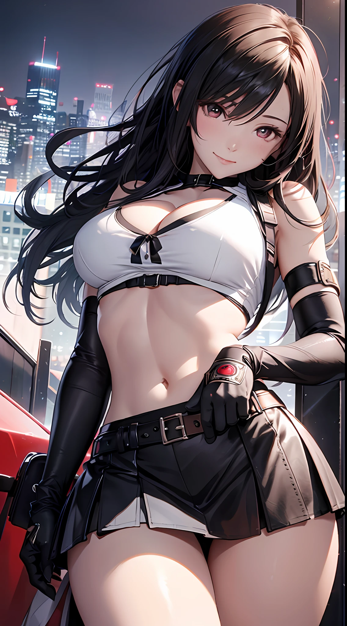 8K,tmasterpiece,bset quality,The large,(1个Giant Breast Girl),Tifa Lockhart,red color eyes,Top-down view,The rooftop of the city,brunette color hair,long whitr hair,profesional lighting,(shiny skins:1.2),shiny big,((best qualtiy)),tack sharp focus:1.2,Highly Detailed Face and Skin Textur,Detailed eyes,s the perfect face,Perfect body,blur art,CG,Background with,20yr old,Mature cool beautiful face,dressed in((Slip black skirt),black elbow gloves, white taut shirt,upper legs,Gilet blanc),Blushlush,Lively posture,(mittgal),Floating hair,Close-up above the chest,ssmile,cleavage
