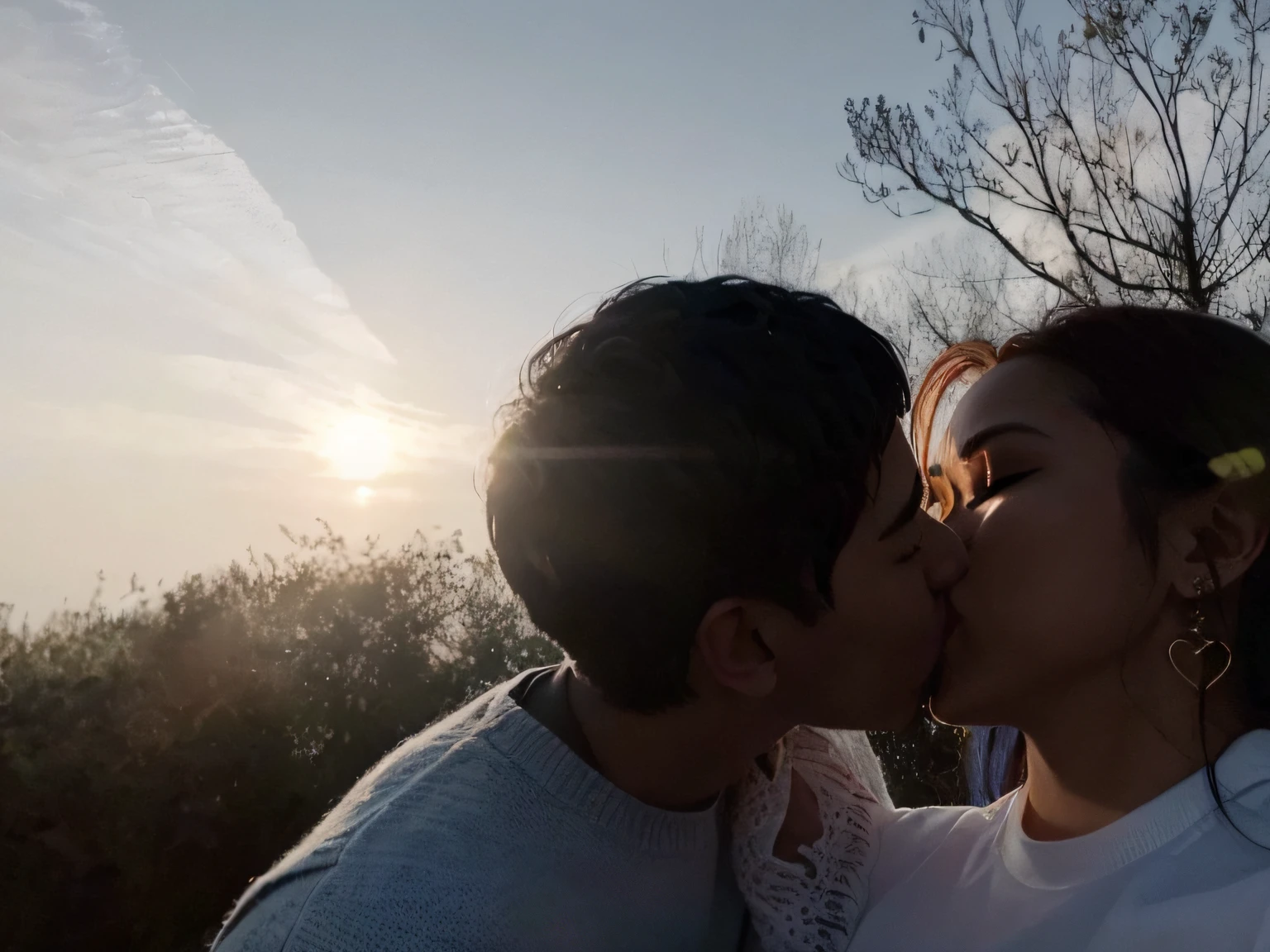 Two people kissing each other in the sun, kissing together cutely, With sunset, late sunset, kissing together, late sunset, with a sunset, couple kissing, two suns are in the sky, taken at golden hour, Kissing each other, prime time, Sunset in the background, at a beautiful sunset, at the sunset, Kissing