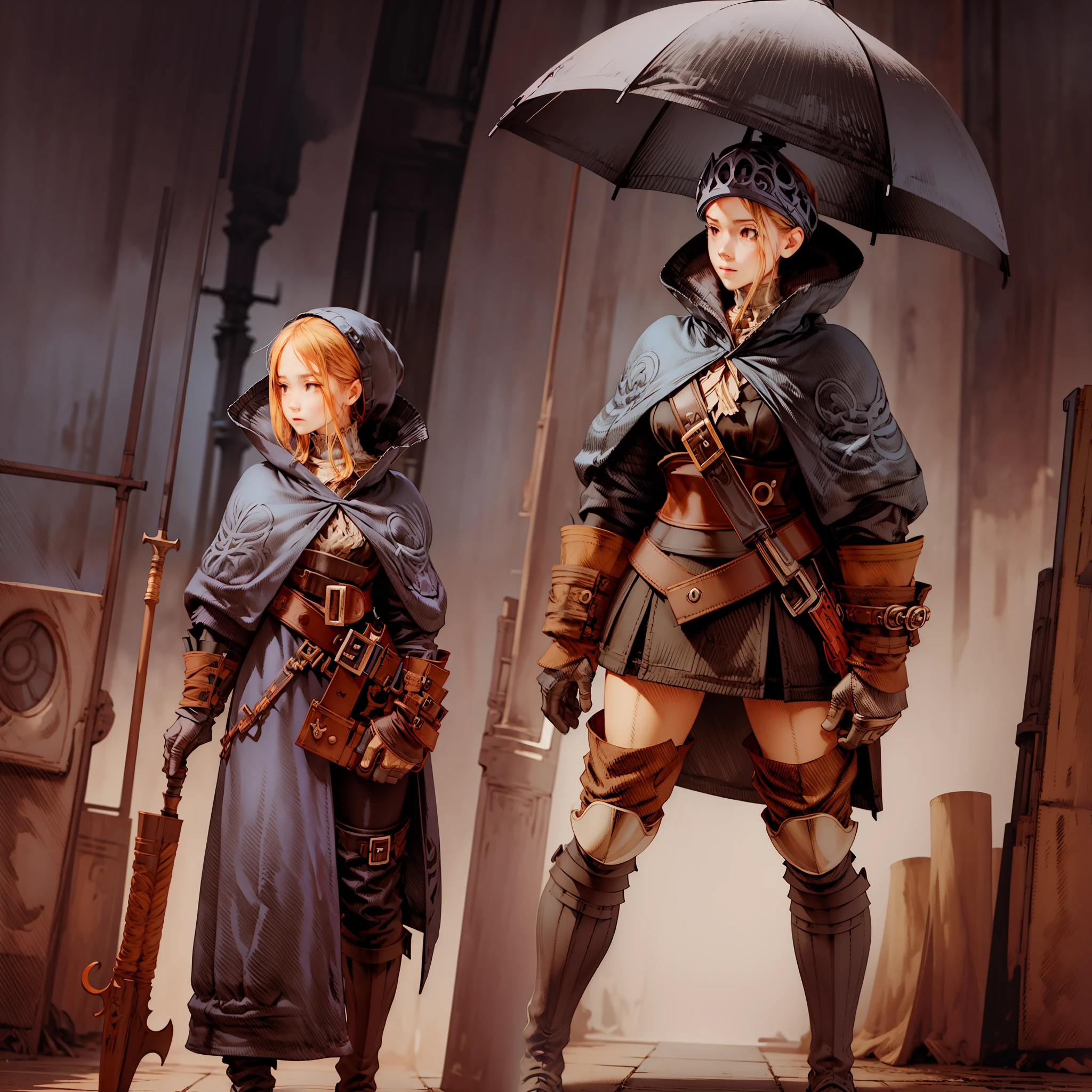concept art, standing, 1girl holding an umbrella, cloud over head dropping rain, RPG character, Conceptual art, character chart, multiple views, UHD, anatomically correct, super detail, best quality, high details, textured skin, masterpiece, ccurate, high quality, highres