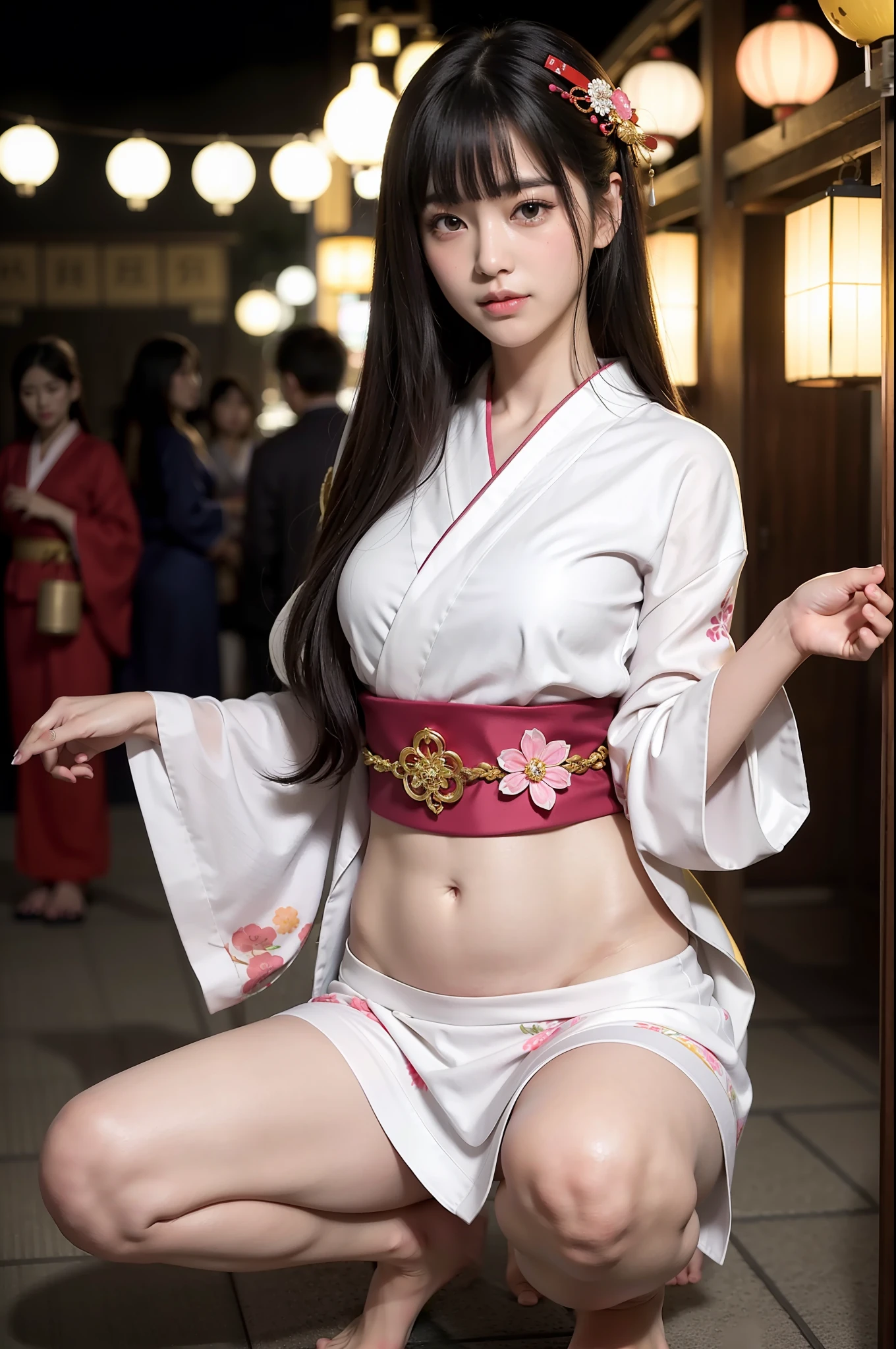 Photo Real、photoRealstic　Dark hair、Japan hair ornament、Kanzashi、Fancy hair ornaments、Flashy kanzashi、Lots of bangs、hair adornments、Tied hair　with round face、drooing eyes、Gentle expression、Smiling、cheeks turn red、Neat face　Brightly colored yukata robes、Japanese Yukata、Yukata with flashy pattern、Yukata with flashy illustrations、Large belly roll　hi-school girl、sixteen years old、japanes、Slim Style、Beautiful skin、clit、vaginal、Female genitals　Boldly open legs、Pose with bold legs open、Squat boldly with your legs open、Show off your crotch、Boldly lift the hem of the yukata、Exposing the crotch、full body Esbian　Background with、Summer Festivals、Midnight、skyrocket、Crowds、takeout、Crowded alleys、There are a lot of people walking