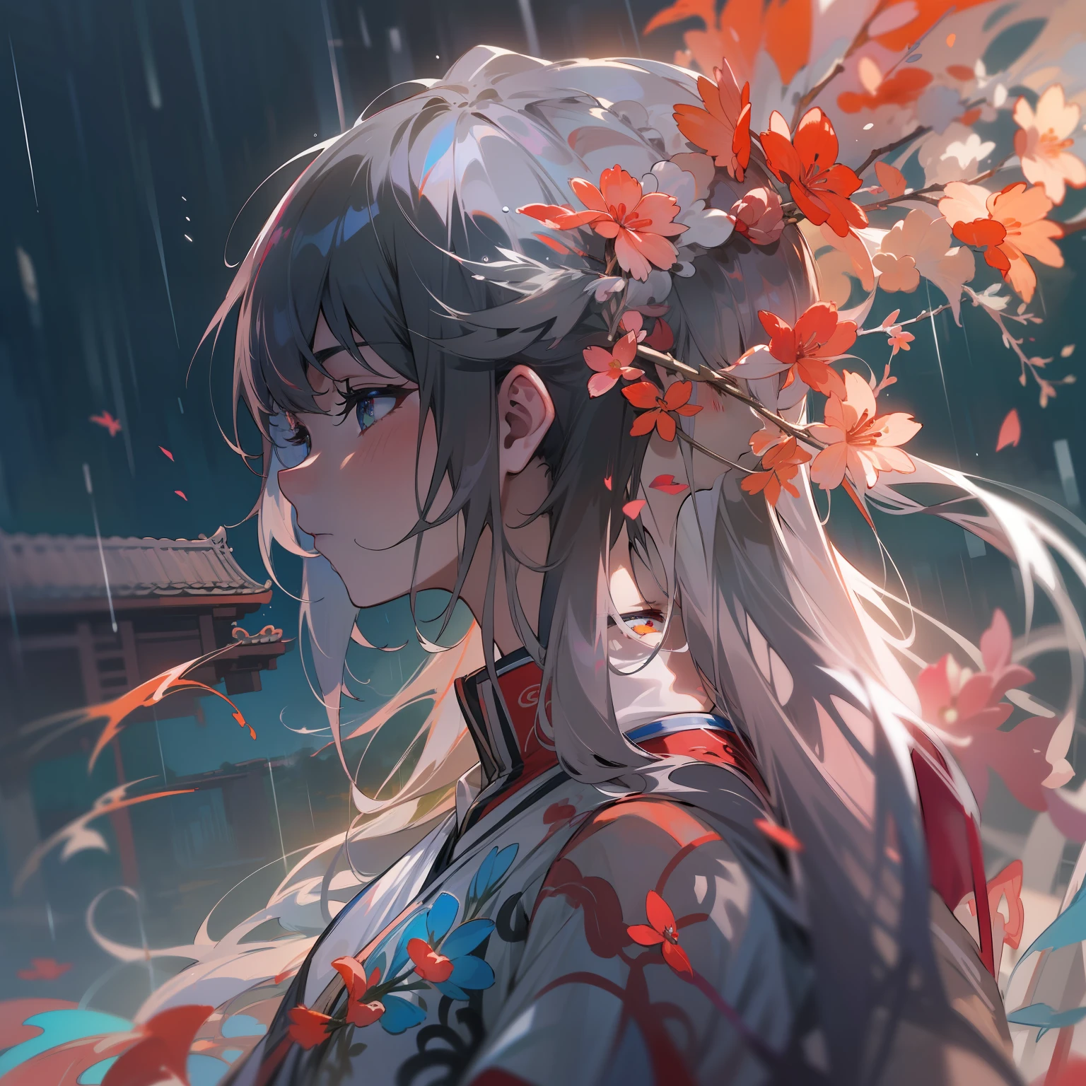 (8k, RAW photo: 1.2), highest quality, ultra-high resolution, dramatic angle, (fine color splashes), (illustration), (((one girl))), (long hair), (rain: 0.9), (hair ornament: 1.4), there is an ancient palace next to the girl, cheongsam, (focus), color ink painting, (color splash), colorful splash, (((colorful))), (sketch: 0.8) ), masterpiece, top quality, beautifully painted, highly detailed, (noise reduction: 0.6), [splash ink], ((ink refraction)), (beautifully detailed sky), moon, highly detailed , (masterpiece, highest quality, highly detailed) CG Unity 8k wallpaper, masterpiece, highest quality, ultra-detailed), (Lycoris radiata),,