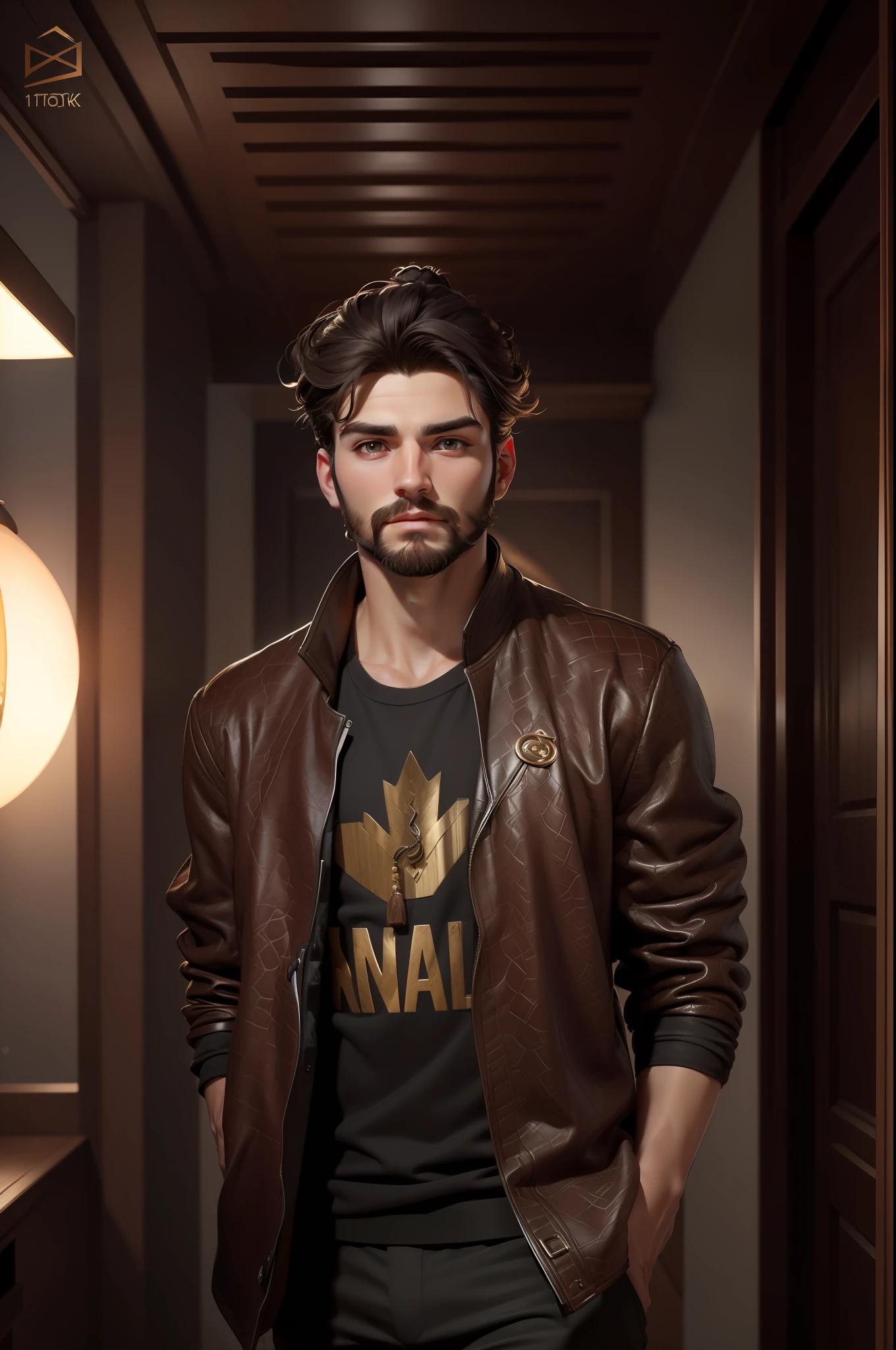 ((Best Quality, 8K, Masterpiece: 1.3)), handsome, short beard, young man, smooth skin, stylish, social, topknot, hunter's eyes, brown eyes