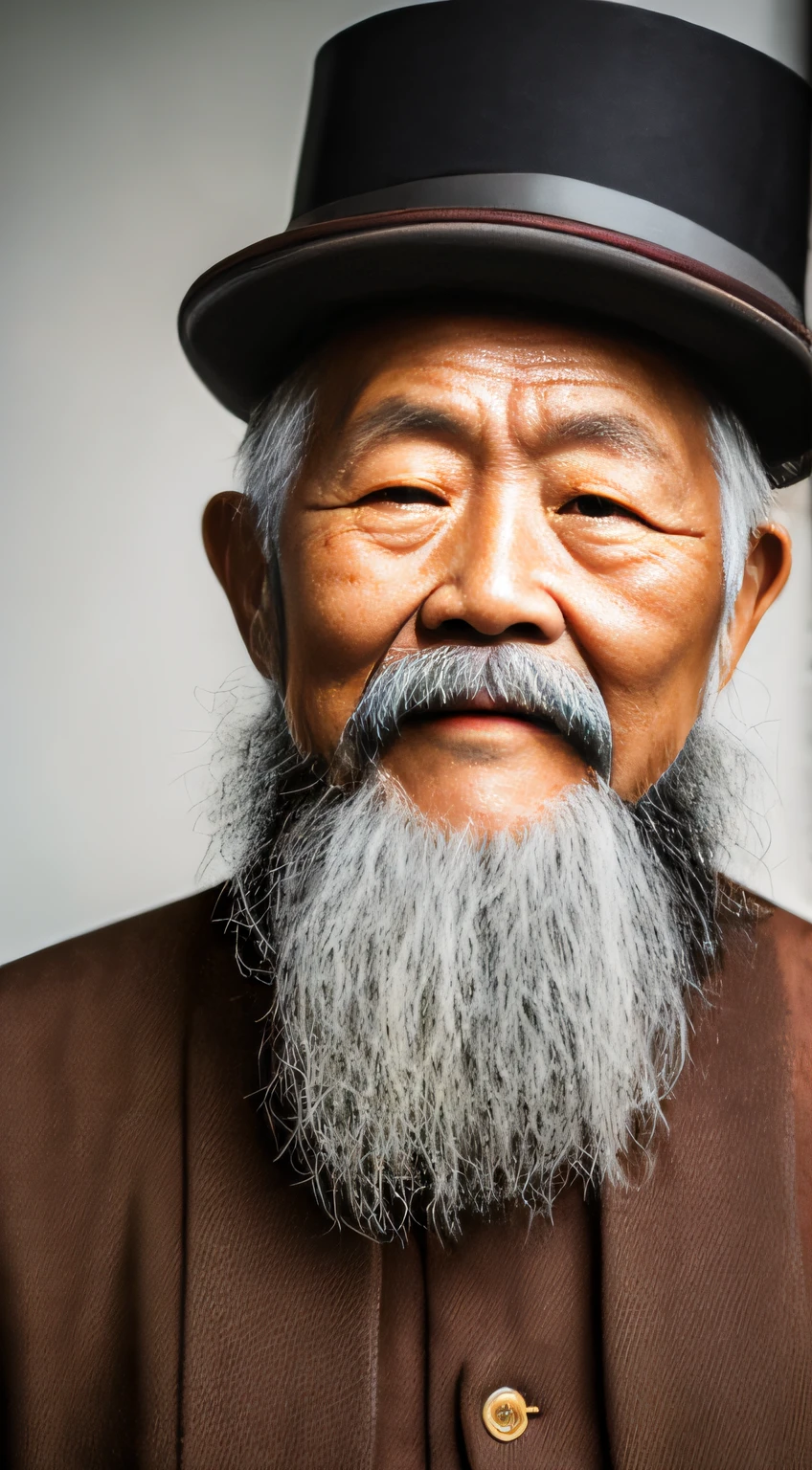 Portrait of an old Chinese man on the upper body，With a hat，Long beard，com rosto detalhado， Ultra HD in 8K, Digital SLR, Soft lighting, High quality, voluminetric lighting, candid, photographed, high resolution, 4K, 8K