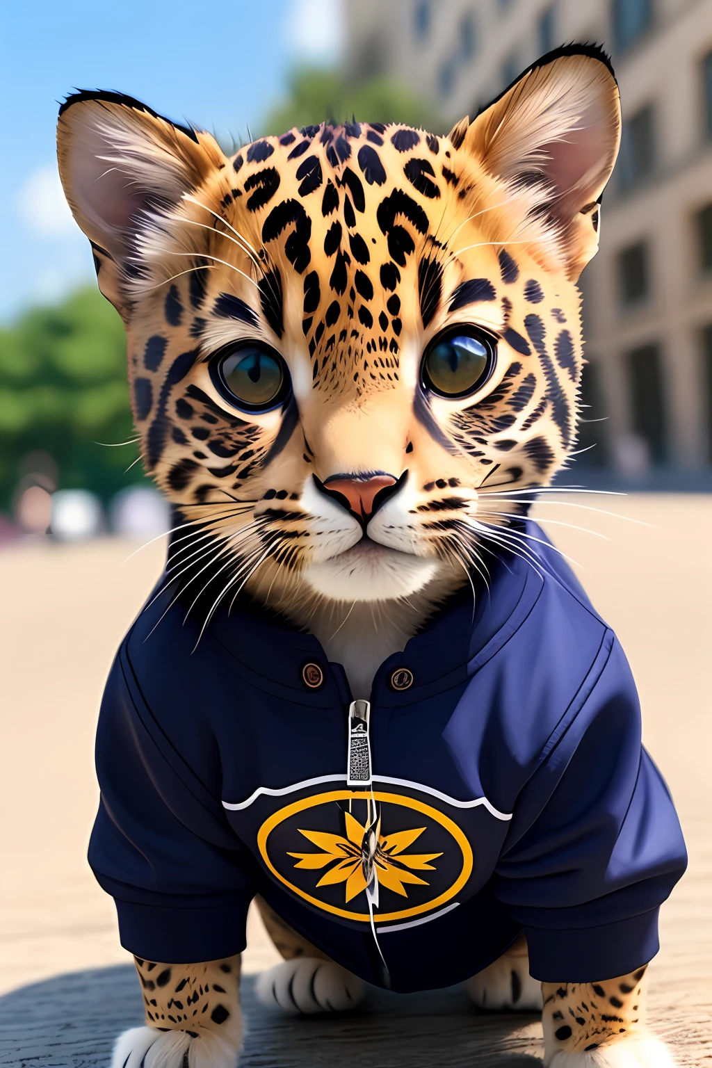 A cute Kawaii tiny hyper realistic baby jaguar, wearing hip hop clothes, city background. wide angle full body, 8k, Cinematography, photorealistic,epic composition Unreal Engine,Cinematic, Color Grading, Portrait Photography,Ultra-Wide Angle, Depth of Field, hyper detailed _SamDoesArt2_, photorealistic, realistic, photorealistic, best quality, super high resolution, beautiful, masterpiece, best quality, perfect lighting, best quality, super high resolution, photo realistic, super detailed, masterpiece, best quality,