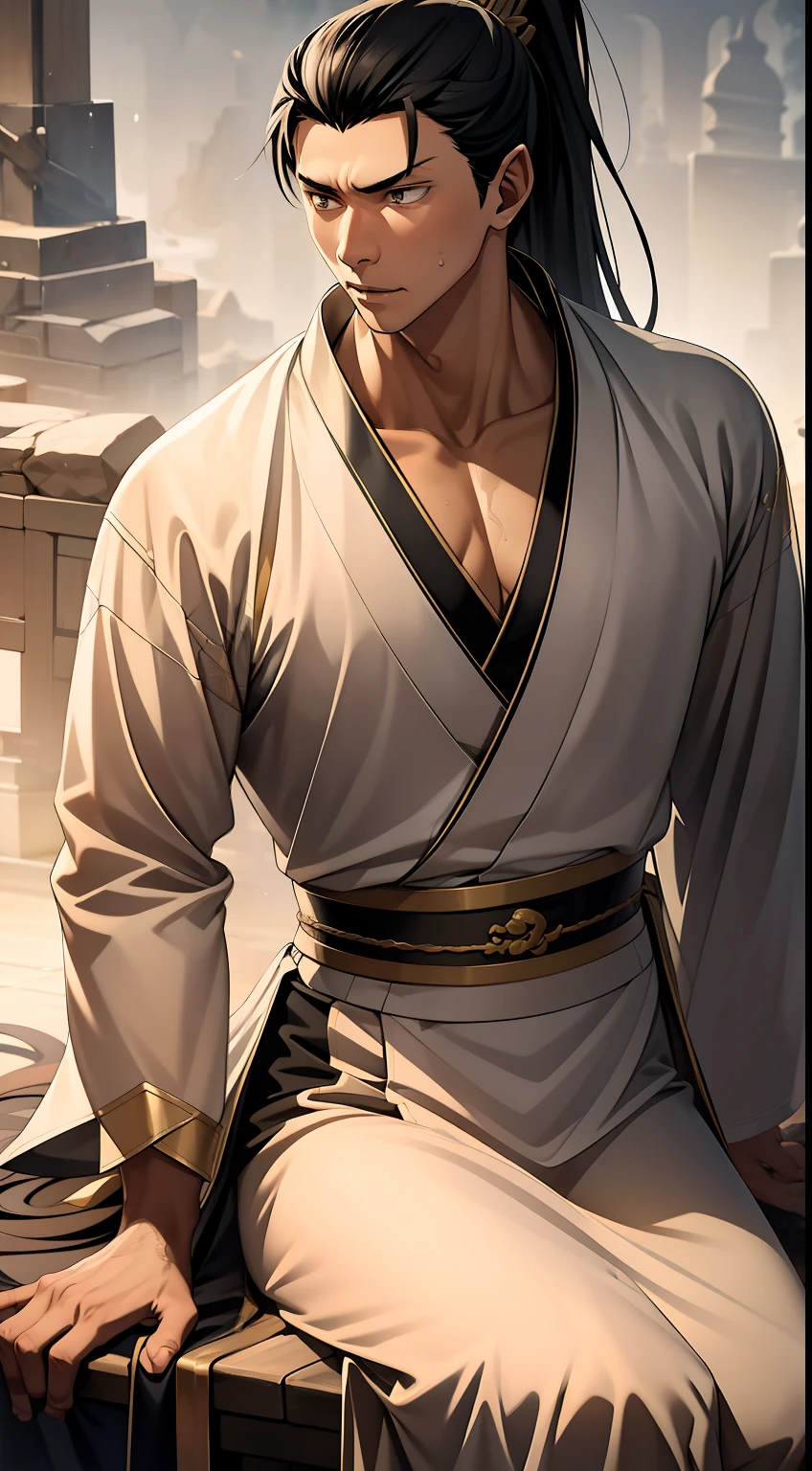 quadratic element，style of anime，mtu（Male Warrior），The proportions are correct，Face details，swordsmen，High ponytail hairstyle，Neck details，There is an Adam's apple，Golden Hanfu，kaftan，Embroidered robes，Golden robes，clothes details，Handing over，longer sleeves，Game quality，Swordsmanship，Light and shadow tracking，Ray traching，detailed glow，cg render，hair detail，cabellos largos dorados，Golden eyes，Handsome，Handsome，（juvenile sense），Clothing is complicated，Perfectcomposition，Refinement，high qulity，higher details，Lots of details，The background is complex，a sense of atmosphere，