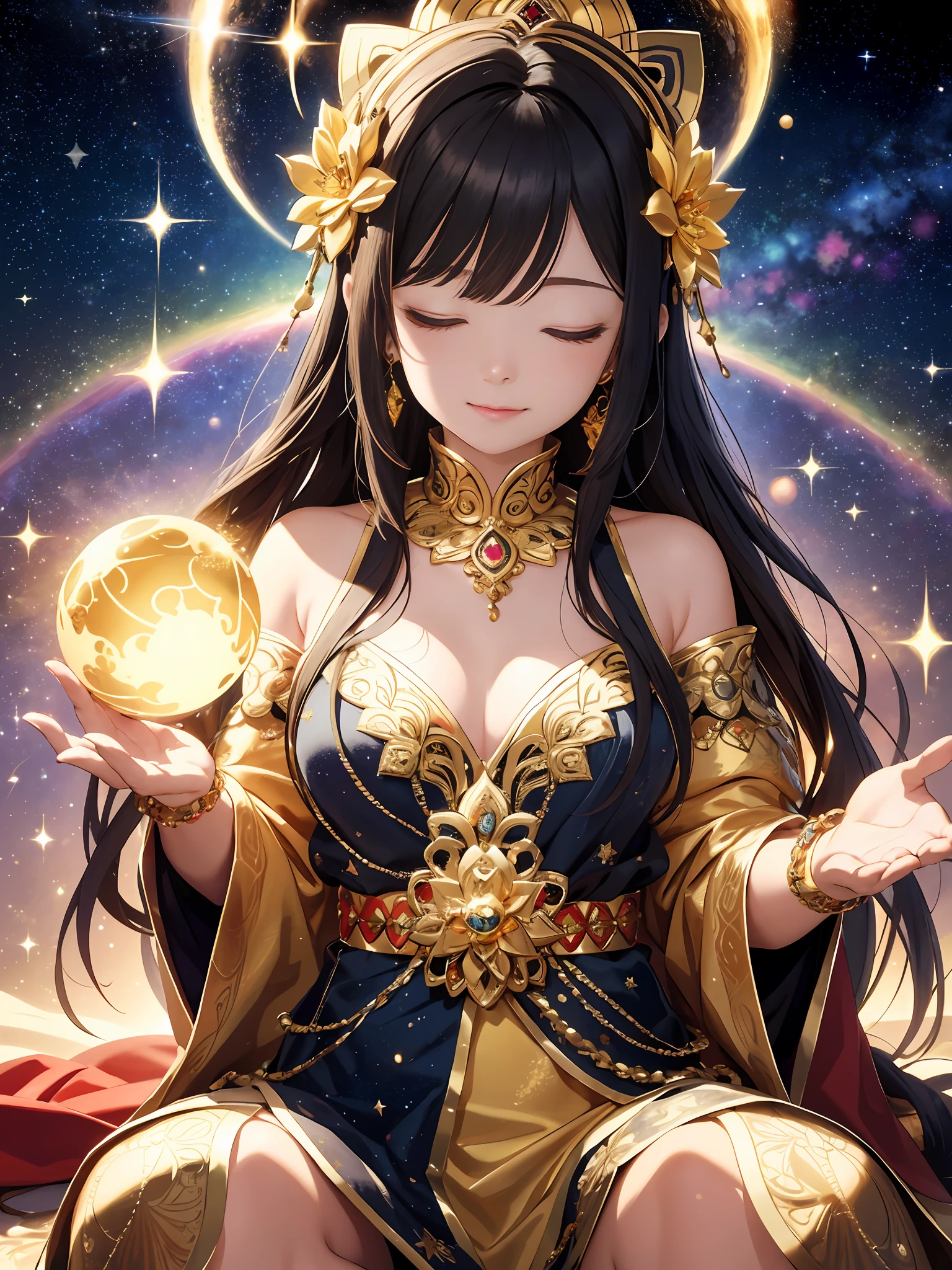tmasterpiece, A high resolution, Ultra detailed, 1girll，Meditate，hair adornments，Close your eyes，Hands close up，Colorful Buddha beads are worn on the hand，DOA，Gilt low-cut detail dress，Golden ball of light，cosmic starry sky，Gold ribbons flying，Golden Buddha Light，Lotus Throne，