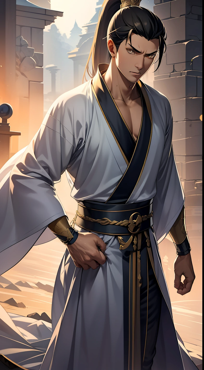 quadratic element，style of anime，mtu（Male Warrior），The proportions are correct，Face details，swordsmen，High ponytail hairstyle，Neck details，There is an Adam's apple，Golden Hanfu，kaftan，Embroidered robes，Golden robes，clothes details，Handing over，longer sleeves，Game quality，Swordsmanship，Light and shadow tracking，Ray traching，detailed glow，cg render，hair detail，cabellos largos dorados，Golden eyes，Handsome，Handsome，（juvenile sense），Clothing is complicated，Perfectcomposition，Refinement，high qulity，higher details，Lots of details，The background is complex，a sense of atmosphere，