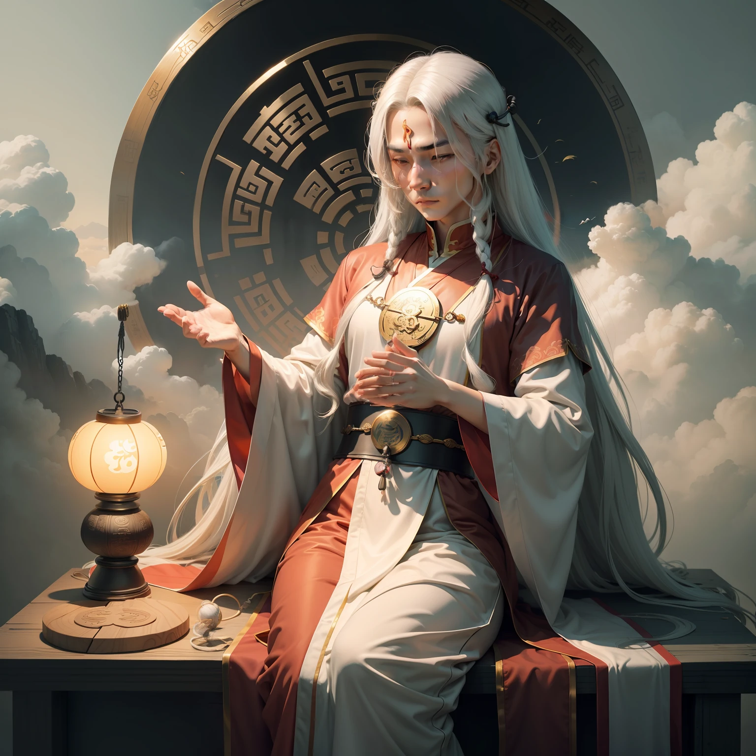 Taoist,Calm and restrained,Mysterious monk,年轻,Clouds surround,Higher level,Bagua amulet pattern,Cultivate the heart with long hair and white robe,