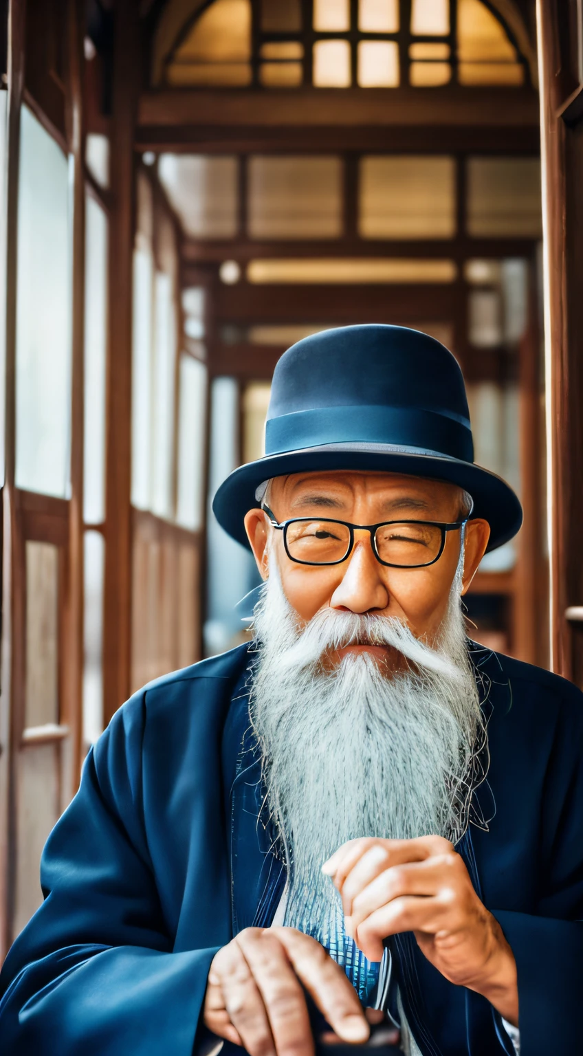 Portrait of an old man in China，With a hat，Wear glasses，sit on chair，Looks knowledgeable，Long beard，com rosto detalhado， Ultra HD in 8K, Digital SLR, Soft lighting, High quality, voluminetric lighting, candid, photographed, high resolution, 4K, 8K，Colorful