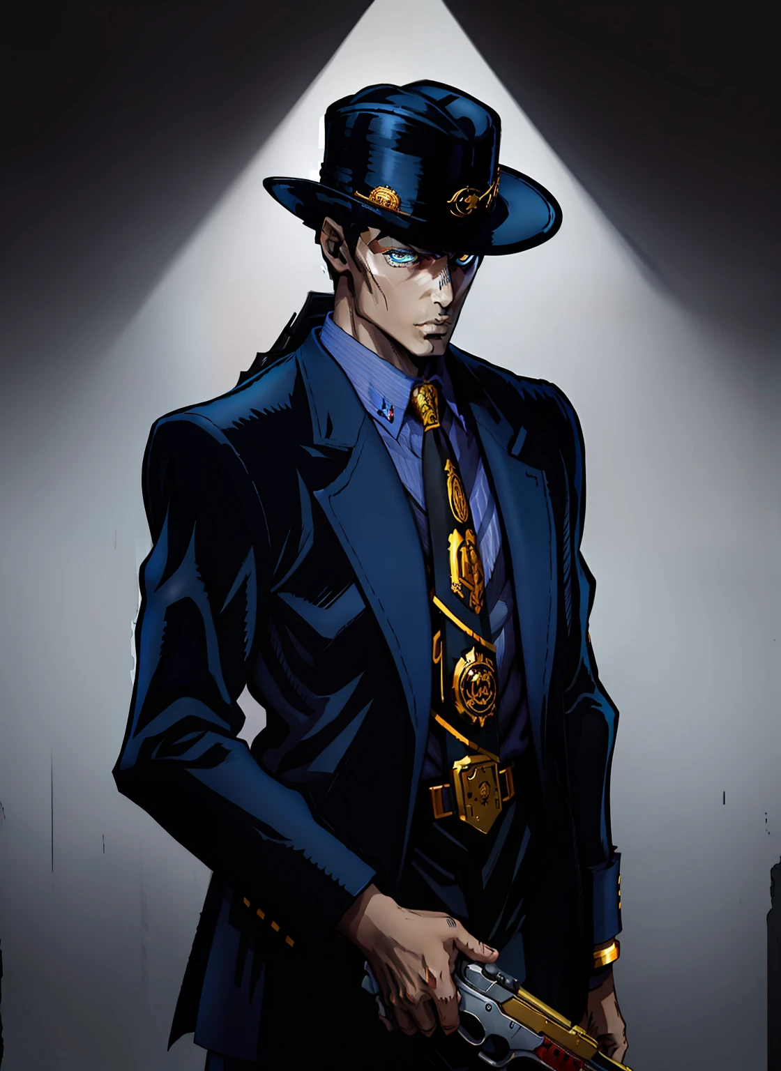 dark-blue hair、Dark blue pupils,Business suit,ember,Black and white hat,Golden revolver,shootout,Kill zombies