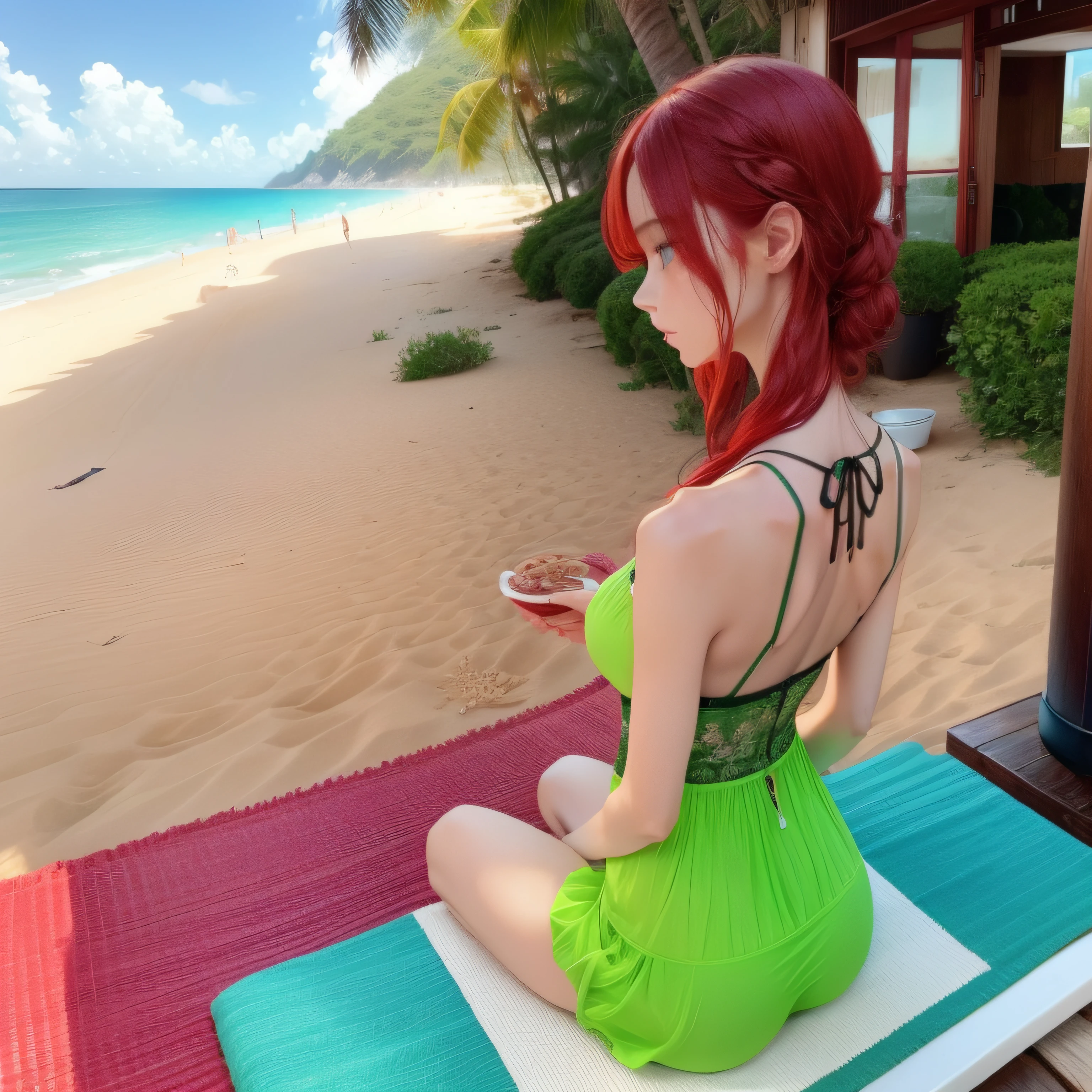 slender figures，Melon seed face，Looking back，Crimson hair，eBlue eyes，Beach scene。