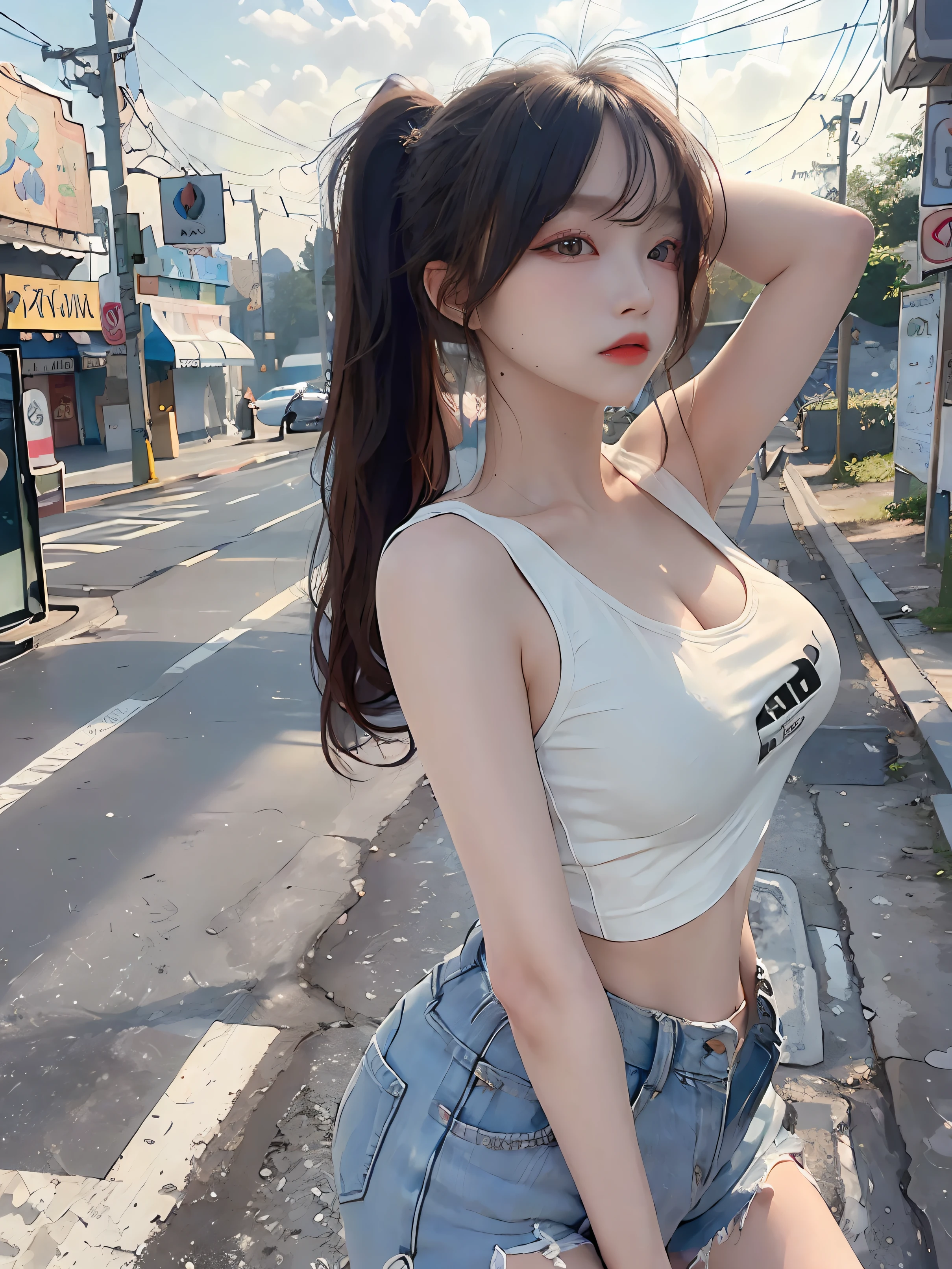 ((masterpiece, best quality, ultra-detailed, high-resolution)), solo, beautiful girl, gleaming eye, perfect eye, age 21,long hair, ponytail, medium breasts, white tank top, long pants, naugty face, upper body,arms back, street