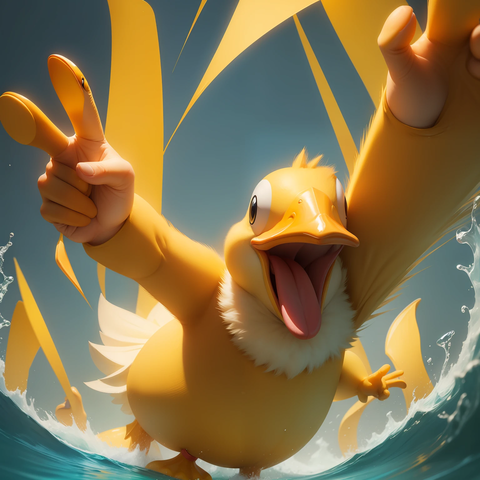 A very crazy yellow duck raising his hand, bravo