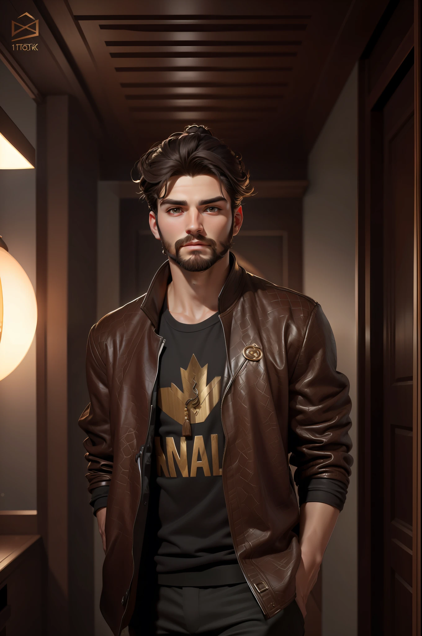 ((Best Quality, 8K, Masterpiece: 1.3)), handsome, short beard, young man, smooth skin, stylish, social, topknot, hunter's eyes, brown eyes