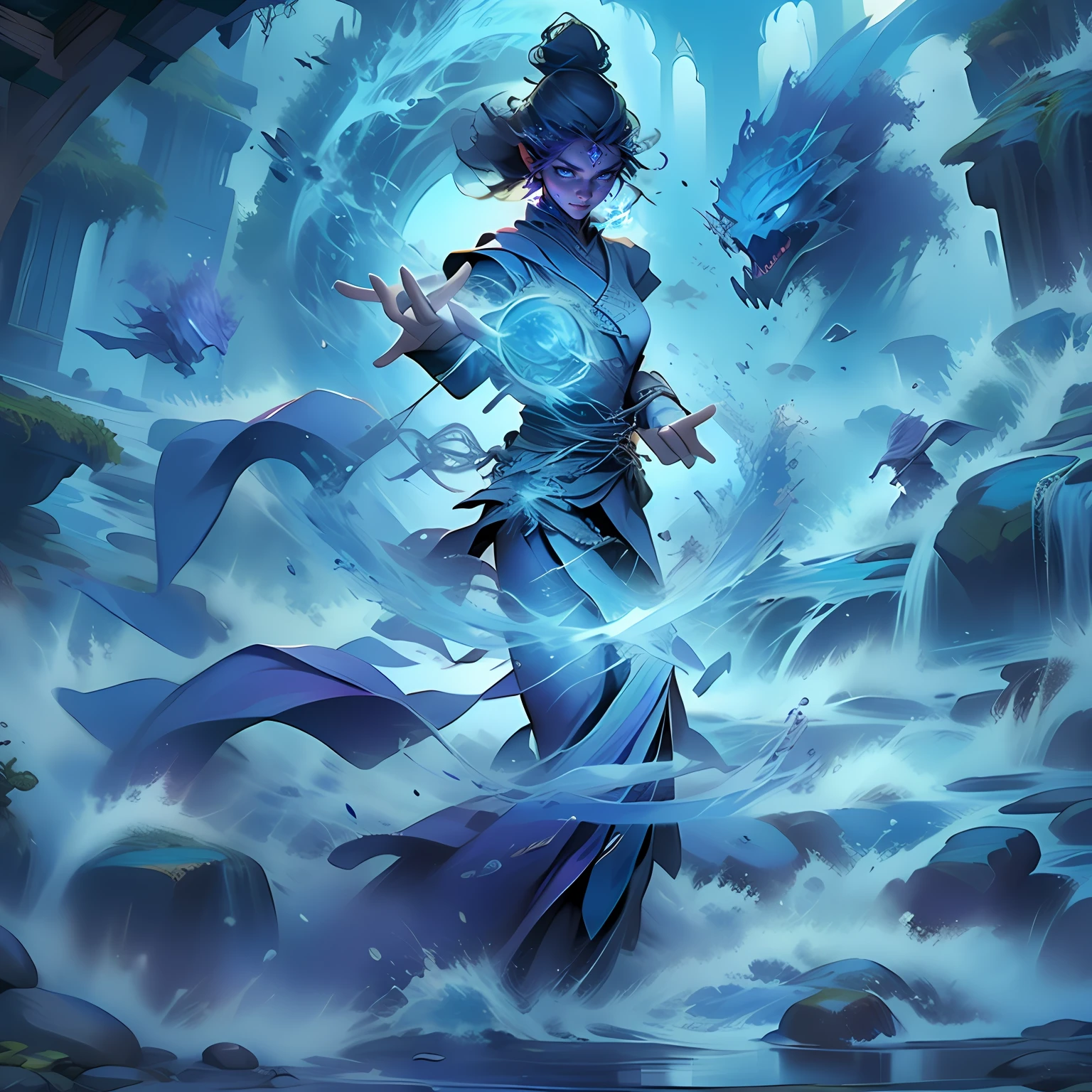 A woman in a purple dress holds a magic book, an arcane wizard casting a spell, female mage conjuring a spell, Magic gathers witches, portrait of a mage, Archmage, purple fire around magic arena, female mage, portrait of a female mage, casting spells, Modern mystic, mahira khan as a d&d wizard,Water flows around the body