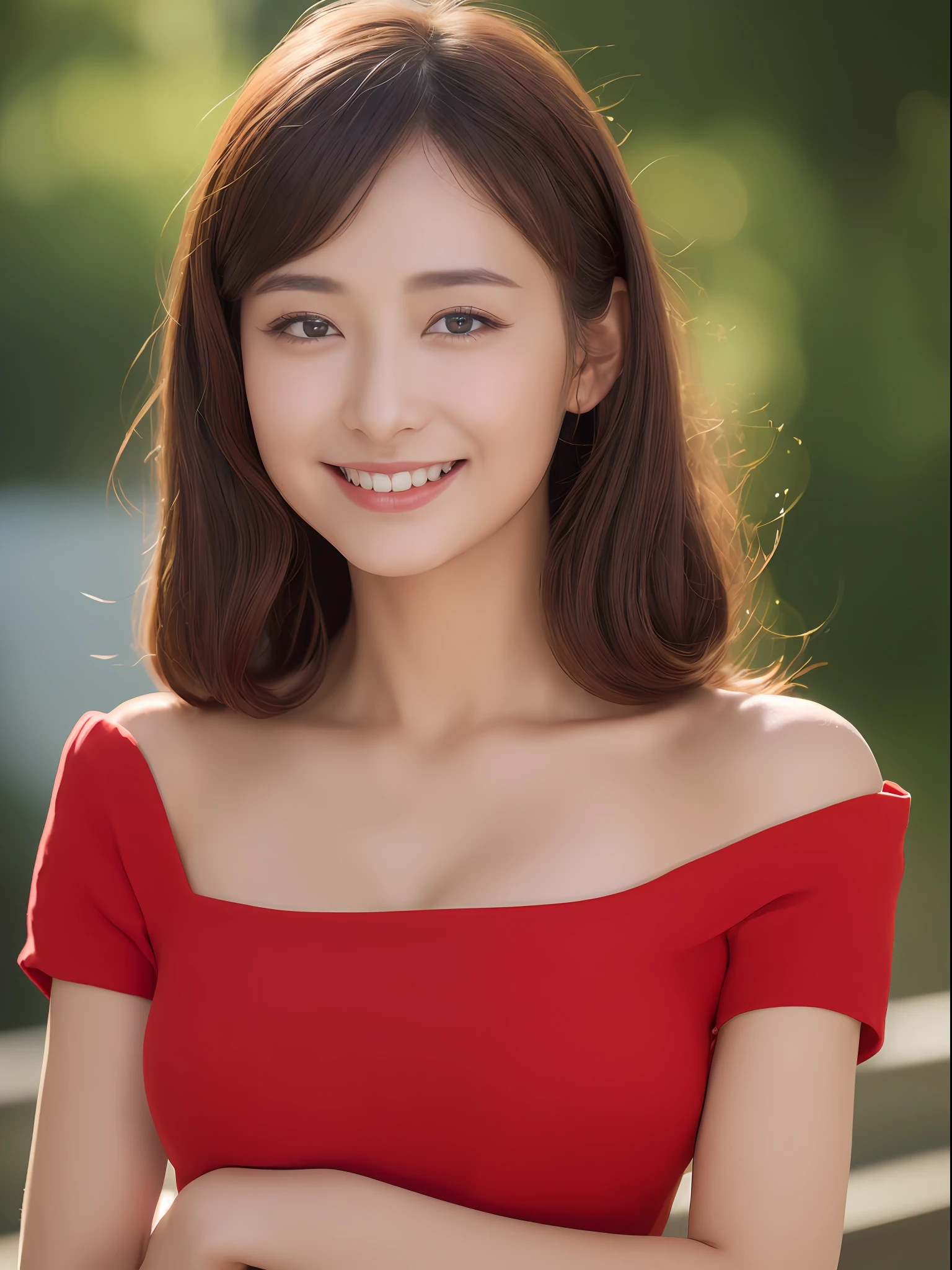 ((top-quality、8K、​masterpiece:1.3))、1girl in、Slim Abs Beauty:1.3、(Hairstyle Casual、Colossal tits:1.2)、Red dress:1.1、Super fine face、Delicat eyes、二重まぶた、A smile、Home