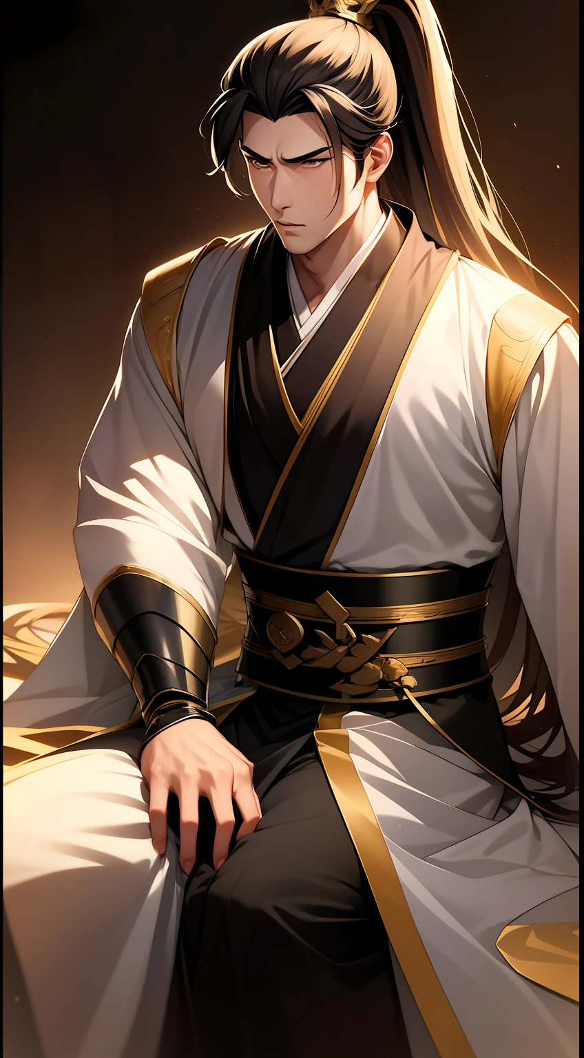 quadratic element,style of anime,mtu(Male Warrior),The proportions are correct,Face details,swordsmen,High ponytail hairstyle,Neck details,There is an Adam's apple,Golden Hanfu,kaftan,Embroidered robes,Golden robes,clothes details,Handing over,longer sleeves,Game quality,Swordsmanship,Light and shadow tracking,Ray traching,detailed glow,cg render,hair detail,cabellos largos dorados,Golden eyes,Handsome,Handsome,(juvenile sense),Clothing is complicated,Perfectcomposition,Refinement,high qulity,higher details,Lots of details,The background is complex,a sense of atmosphere,