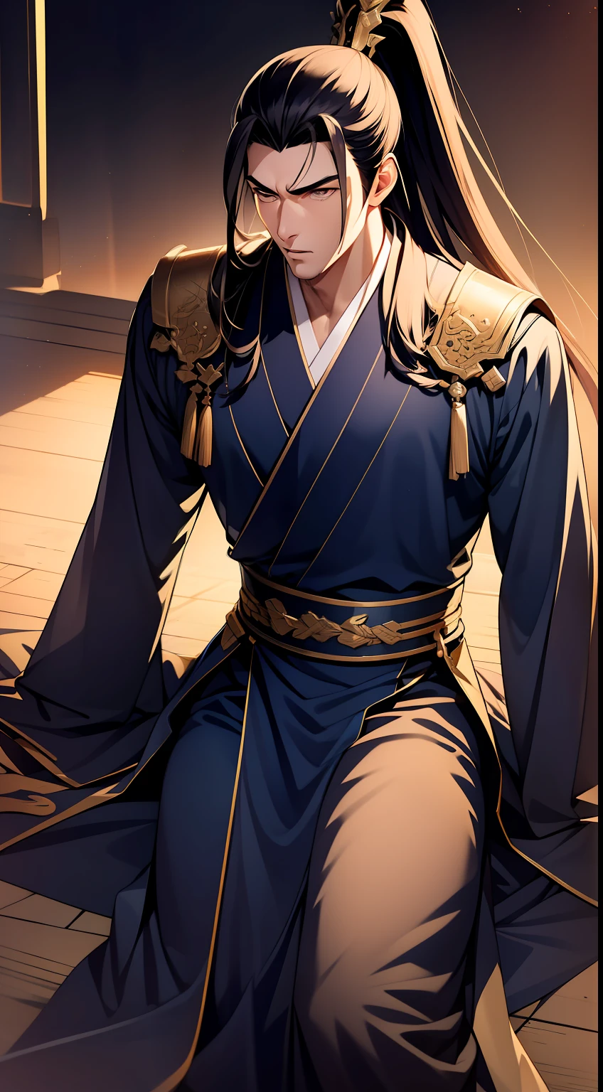 quadratic element,style of anime,mtu(Male Warrior),The proportions are correct,Face details,swordsmen,High ponytail hairstyle,Neck details,There is an Adam's apple,Golden Hanfu,kaftan,Embroidered robes,Golden robes,clothes details,Handing over,longer sleeves,Game quality,Swordsmanship,Light and shadow tracking,Ray traching,detailed glow,cg render,hair detail,cabellos largos dorados,Golden eyes,Handsome,Handsome,(juvenile sense),Clothing is complicated,Perfectcomposition,Refinement,high qulity,higher details,Lots of details,The background is complex,a sense of atmosphere,